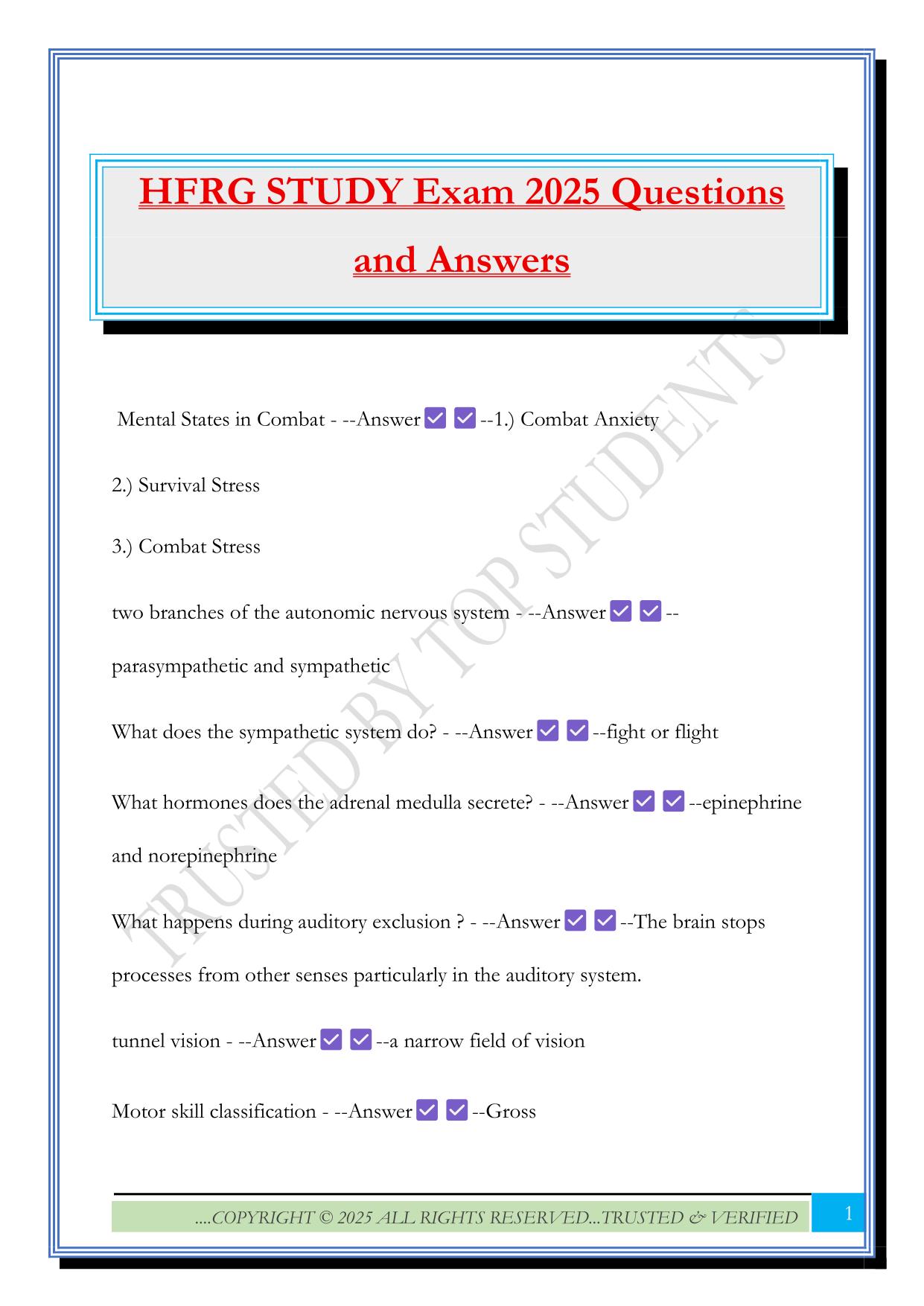 HFRG STUDY Exam 2025 Questions and Answers