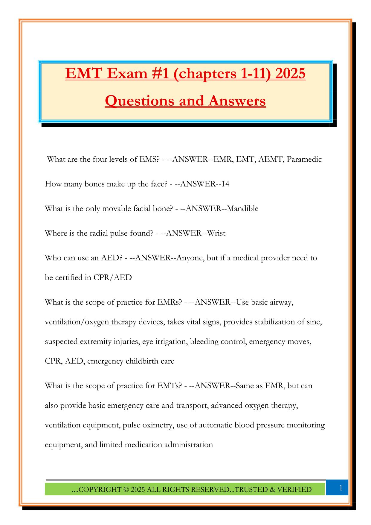 EMT Exam #1 (chapters 1-11) 2025 Questions and Answers