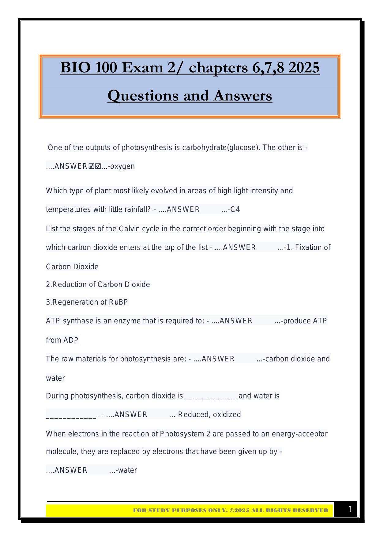 BIO 100 Exam 2/ chapters 6,7,8 2025 Questions and Answers