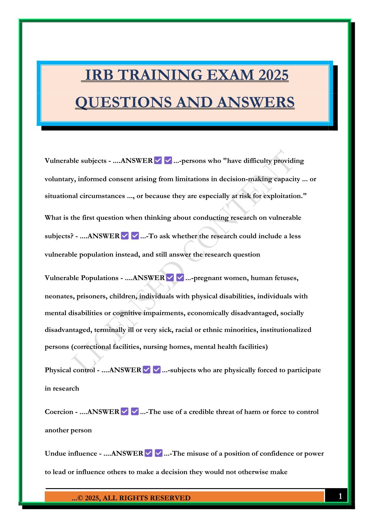 IRB TRAINING EXAM 2025 QUESTIONS AND ANSWERS