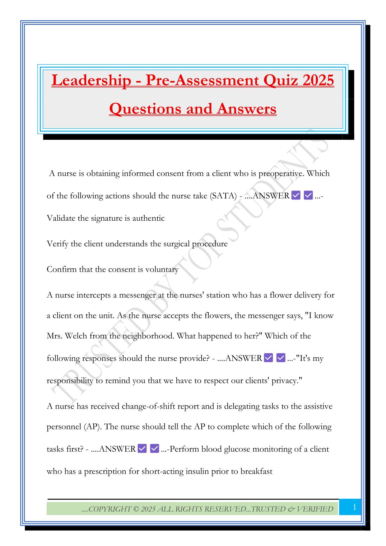 Leadership - Pre-Assessment Quiz 2025 Questions and Answers