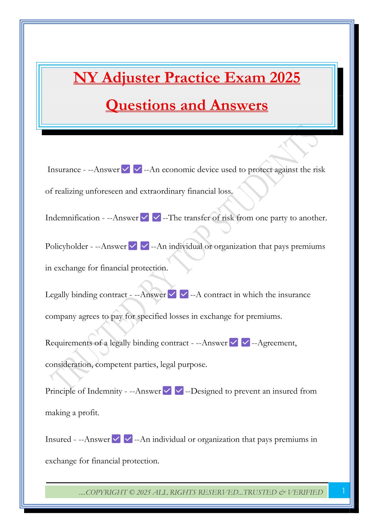 NY Adjuster Practice Exam 2025 Questions and Answers