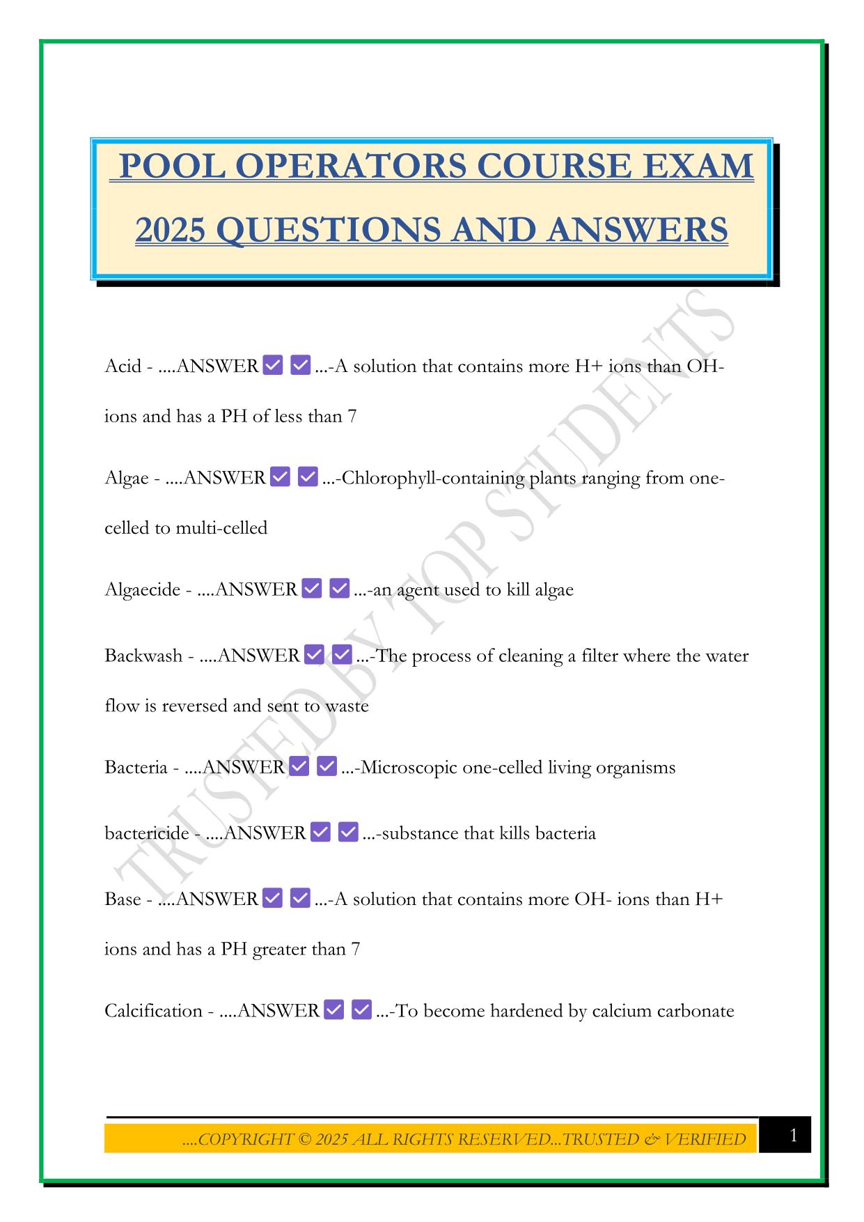 POOL OPERATORS COURSE EXAM 2025 QUESTIONS AND ANSWERS