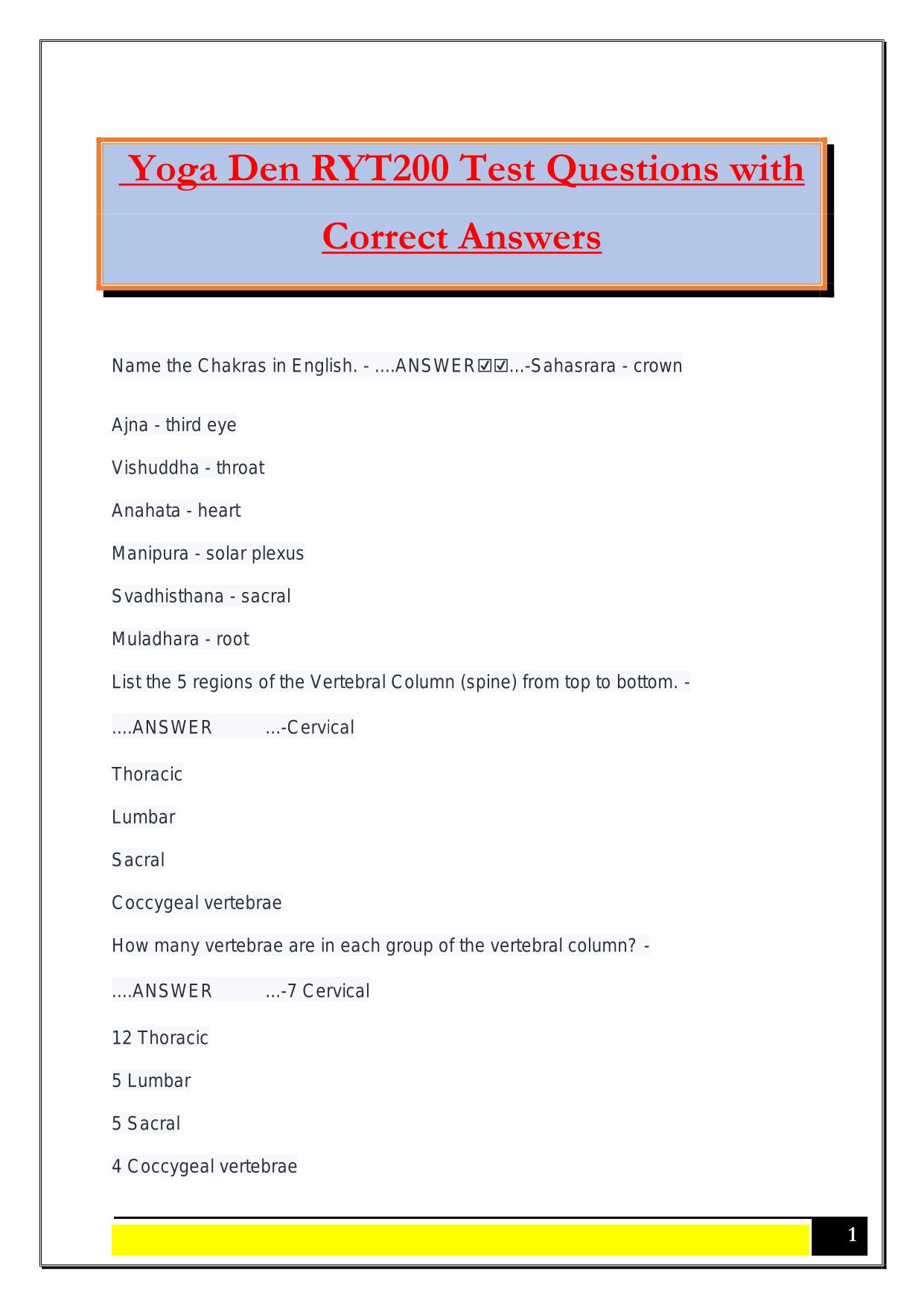 Yoga Den RYT200 Test Questions with Correct Answers