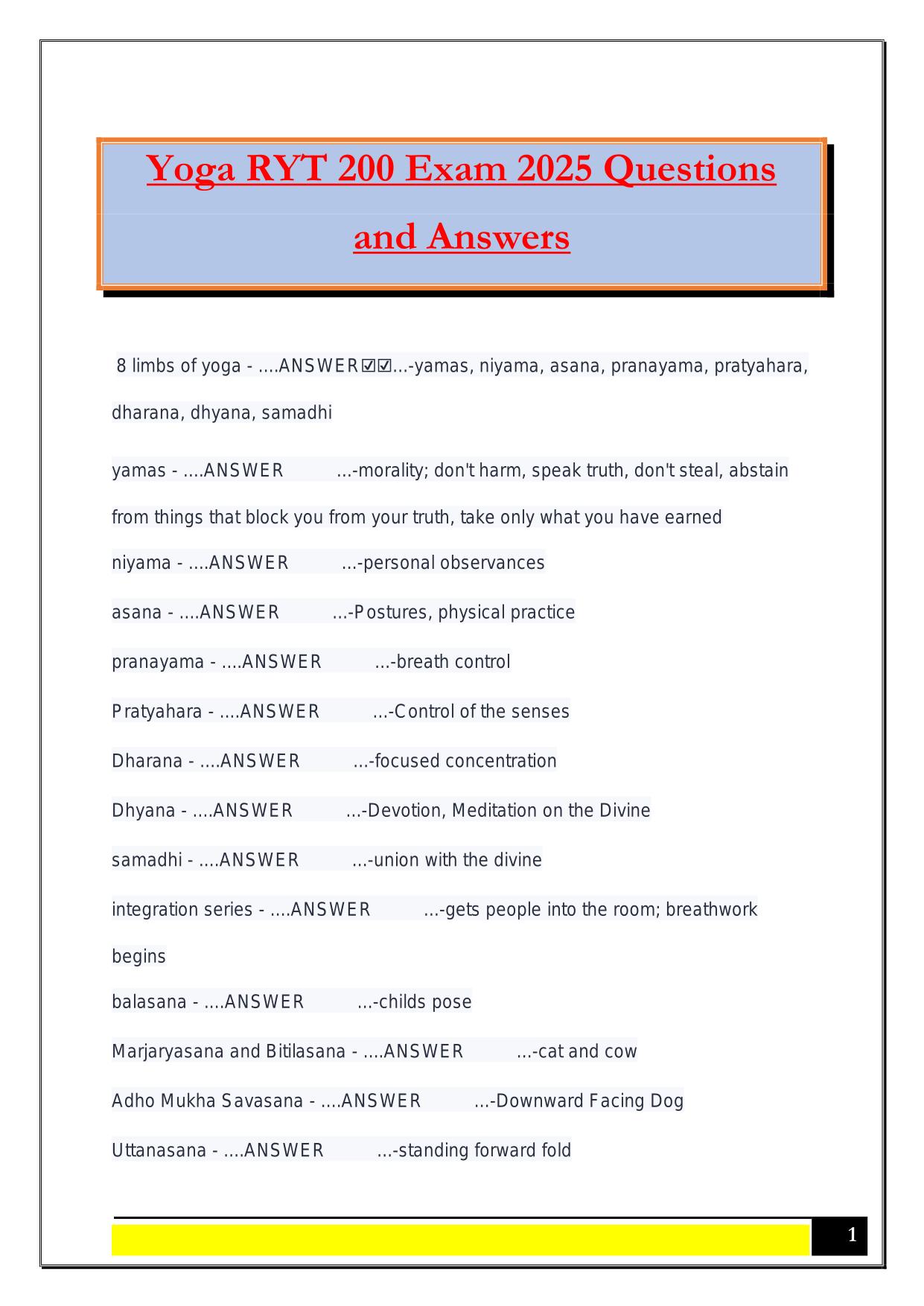 Yoga RYT 200 Exam 2025 Questions and Answers