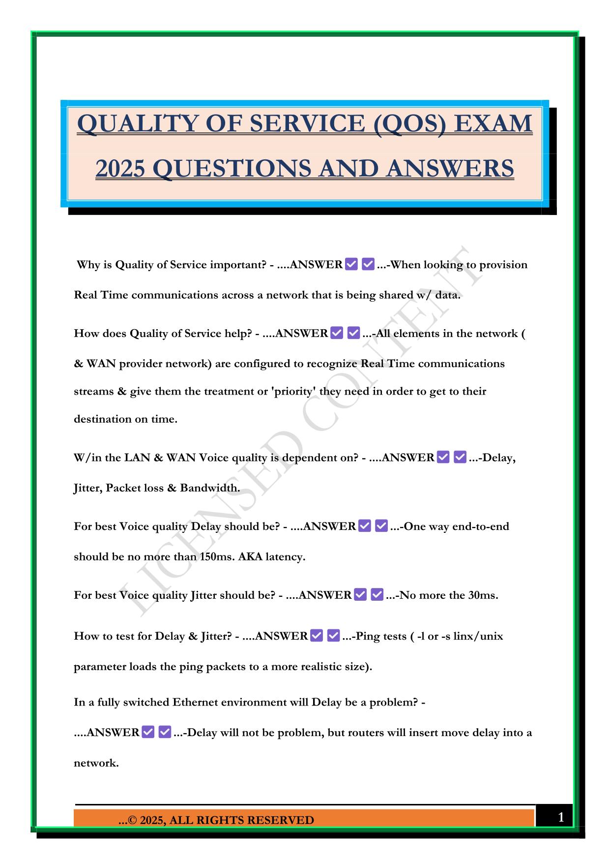 QUALITY OF SERVICE (QOS) EXAM 2025 QUESTIONS AND ANSWERS