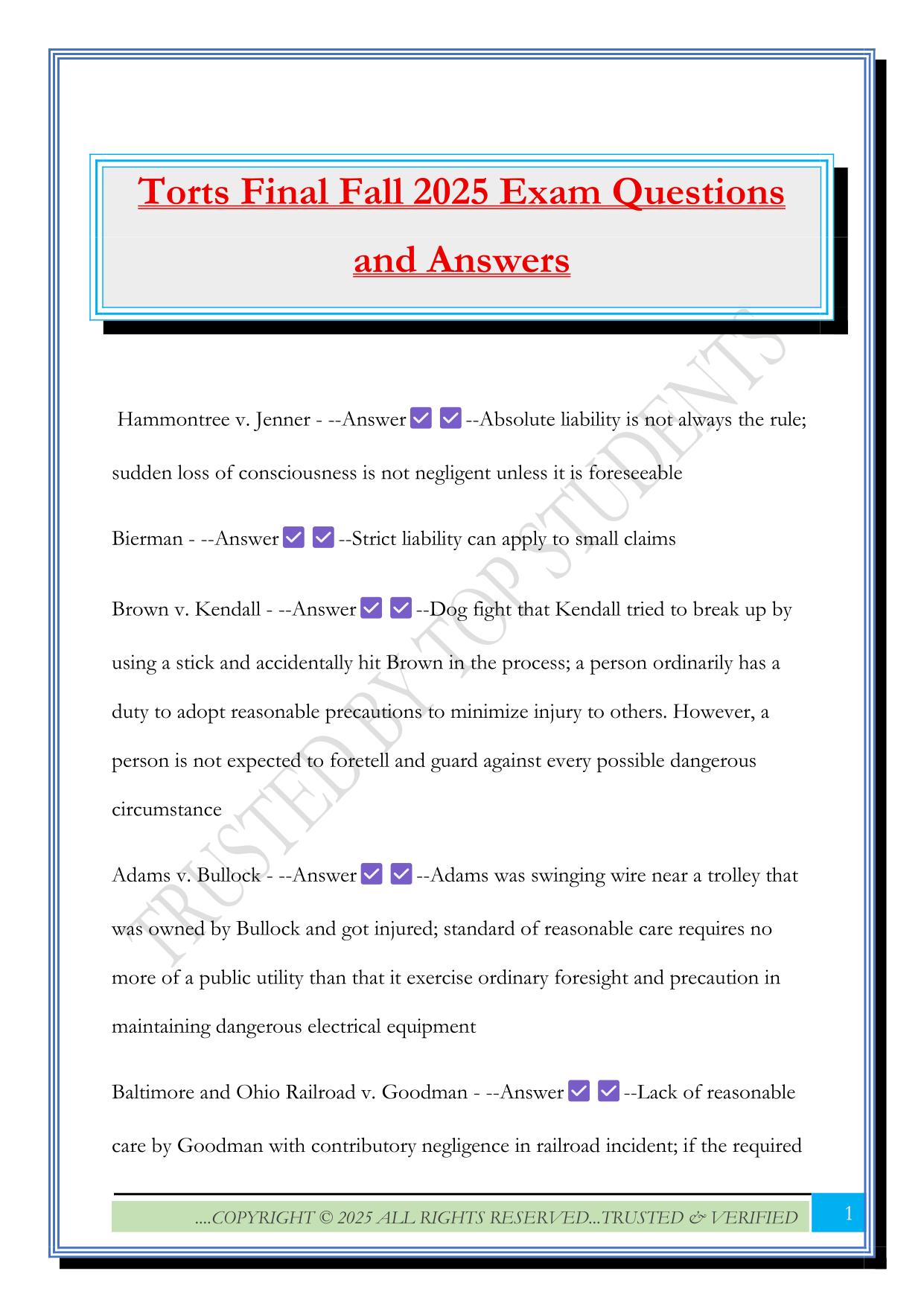 Torts Final Fall 2025 Exam Questions and Answers