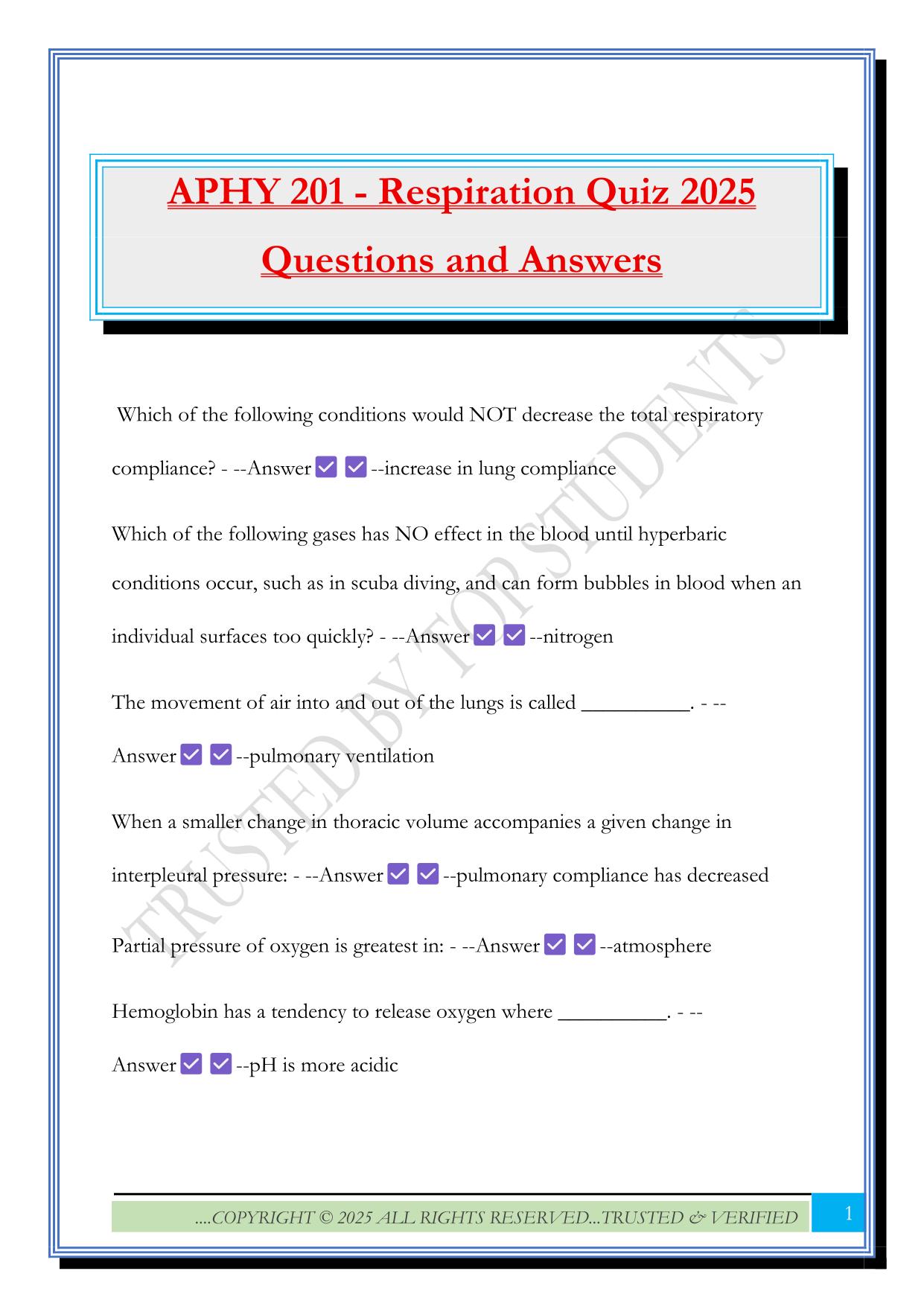 APHY 201 - Respiration Quiz 2025 Questions and Answers