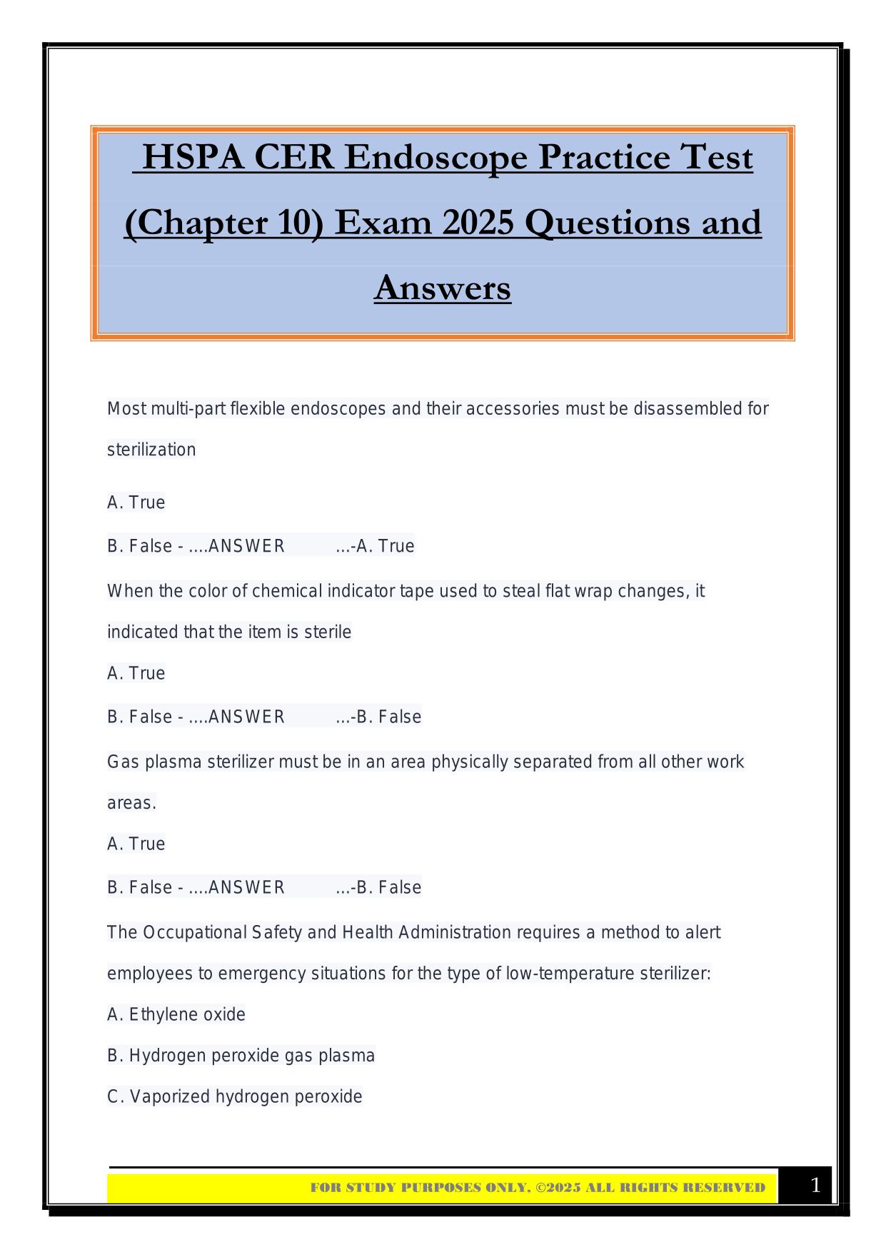 HSPA CER Endoscope Practice Test (Chapter 10) Exam 2025 Questions and Answers
