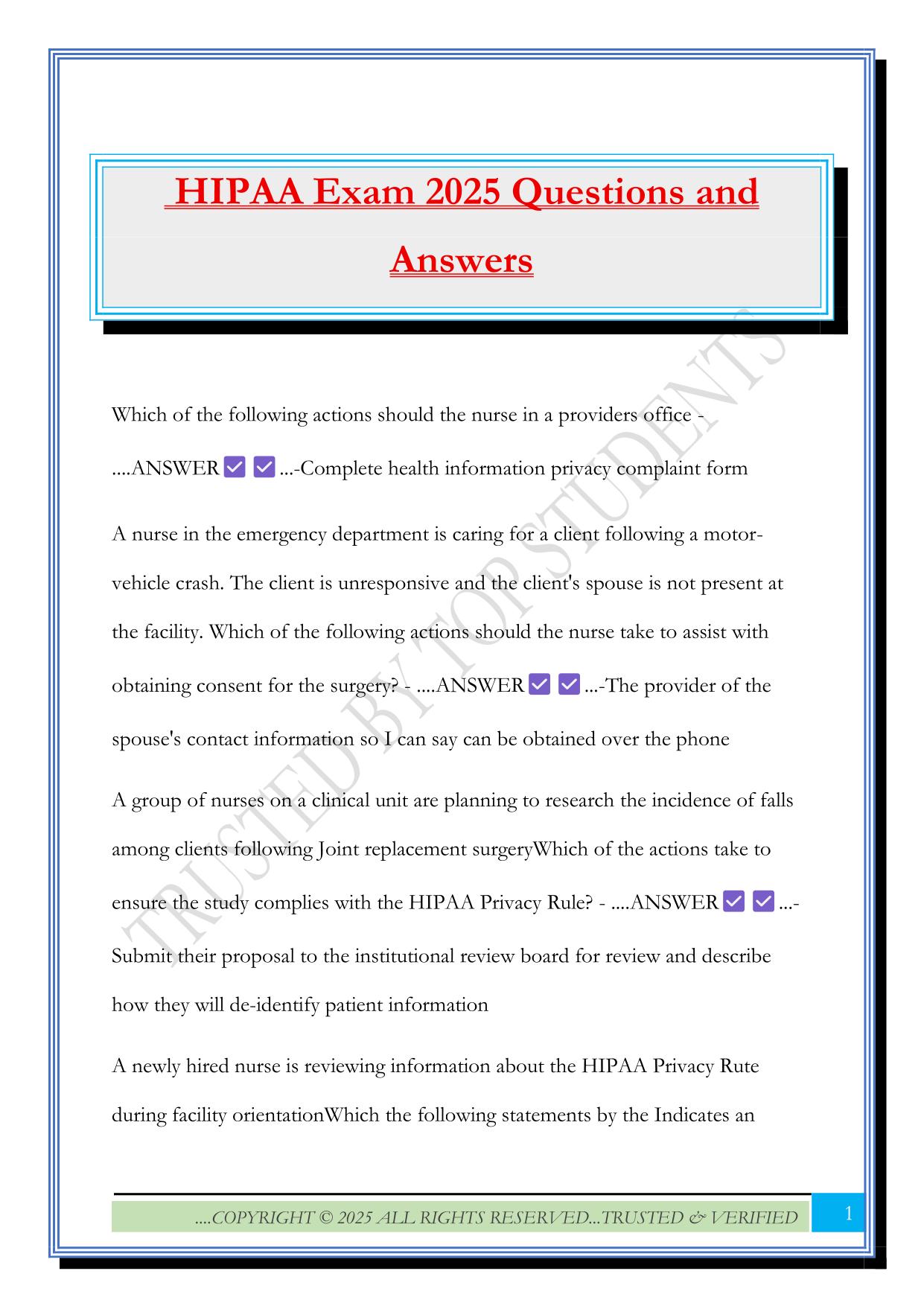 HIPAA Exam 2025 Questions and Answers