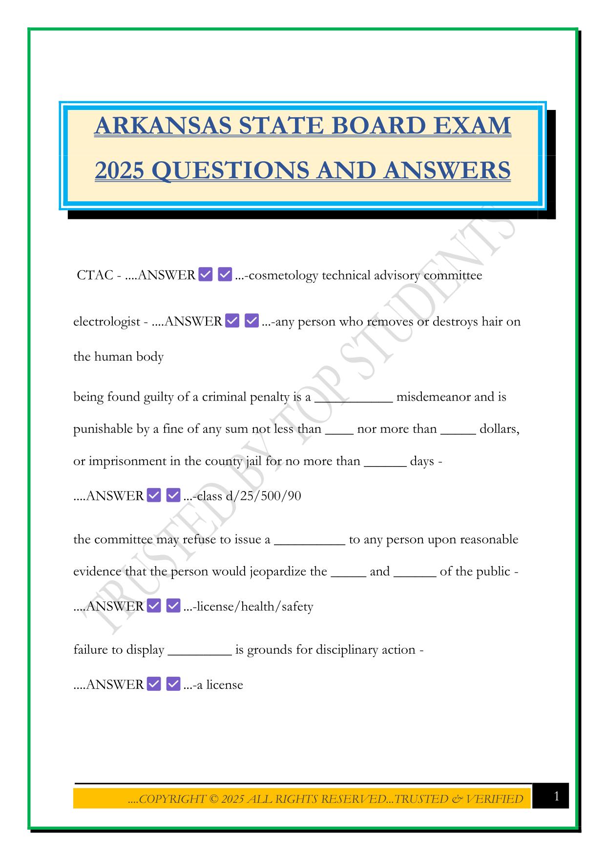 ARKANSAS STATE BOARD EXAM 2025 QUESTIONS AND ANSWERS