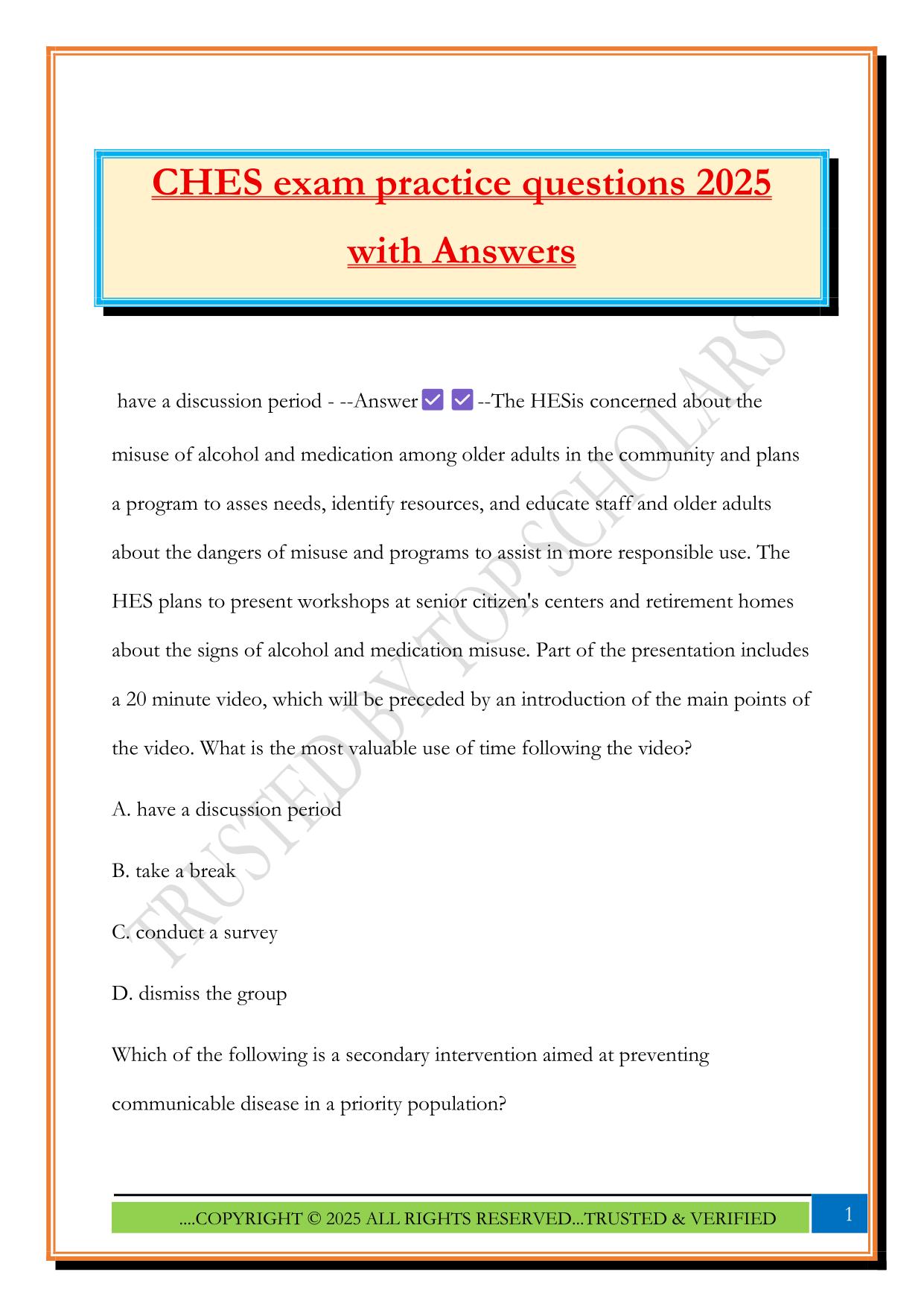 CHES exam practice questions 2025 with Answers