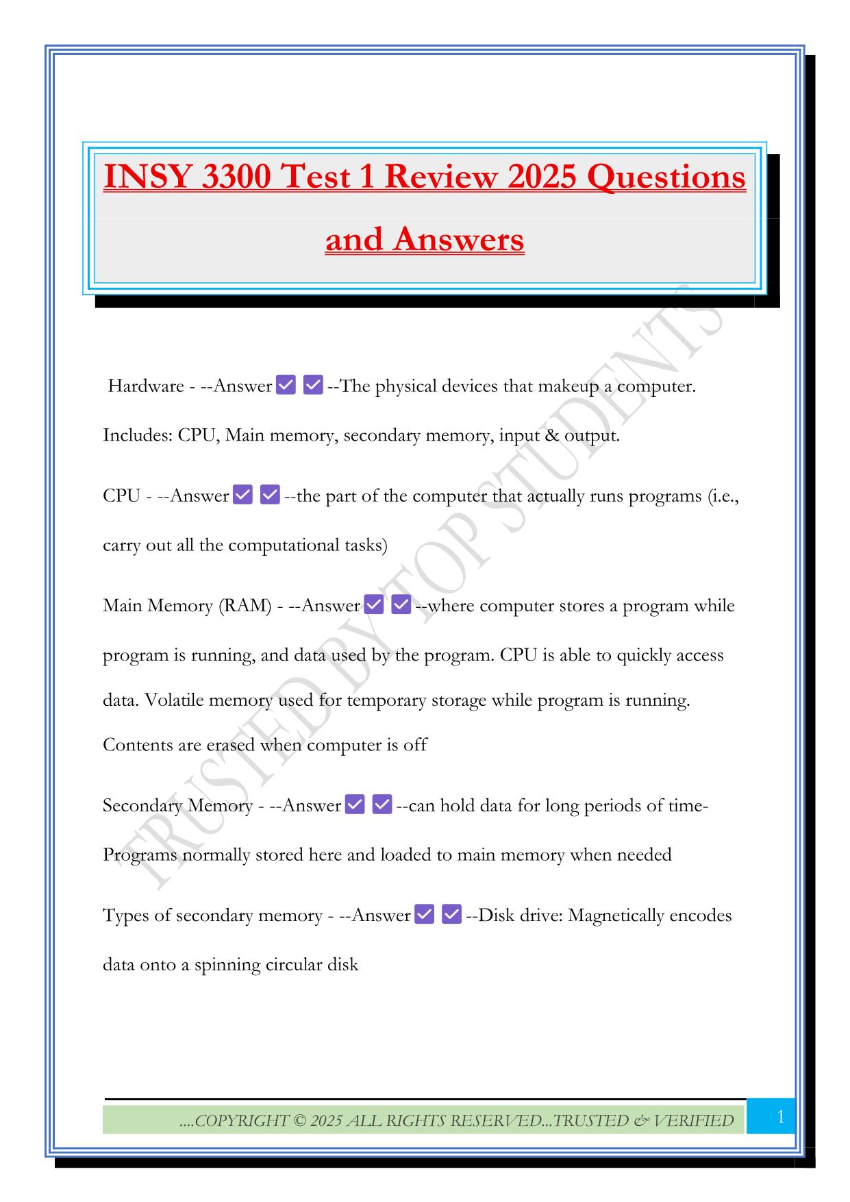 INSY 3300 Test 1 Review 2025 Questions and Answers
