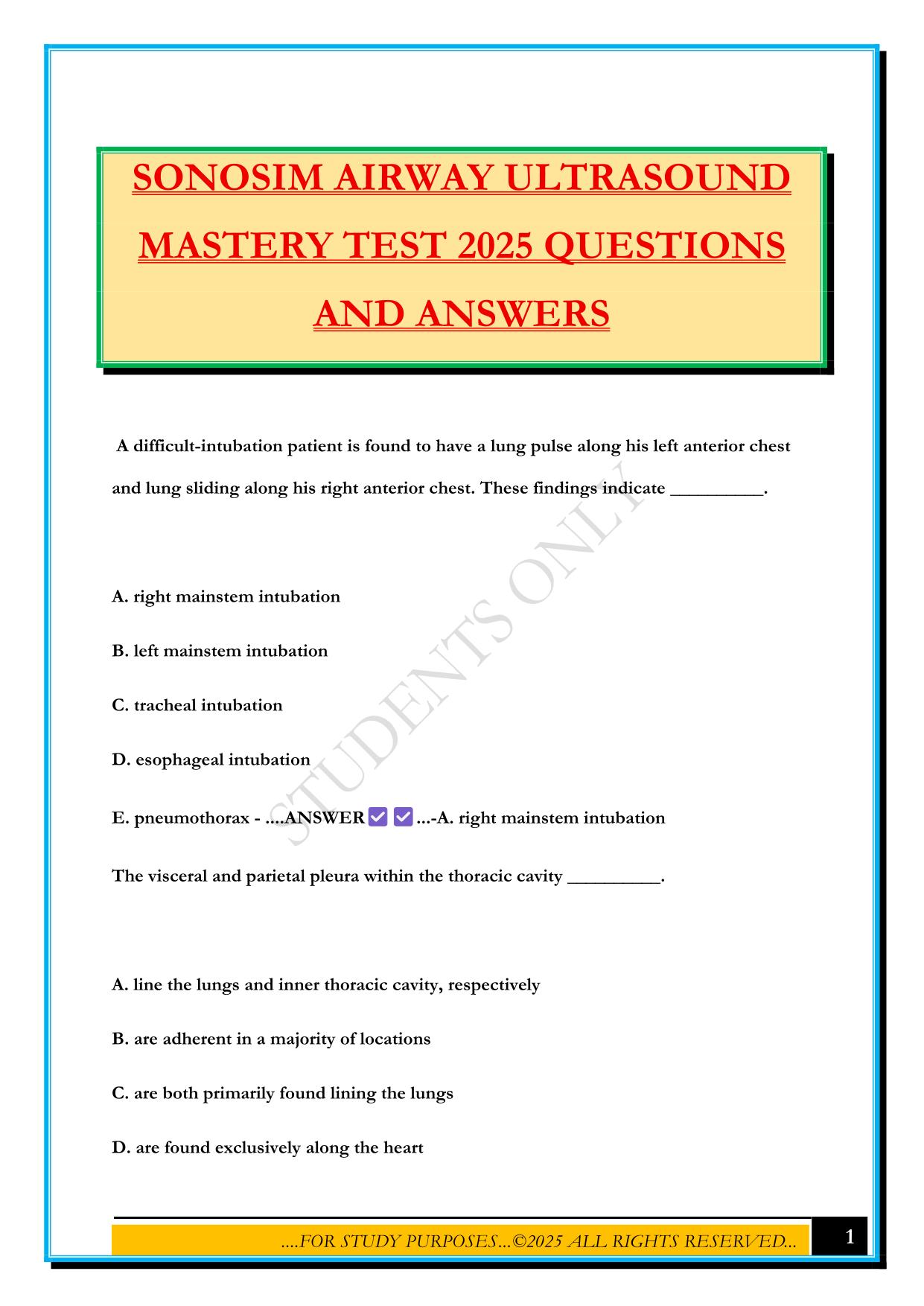 SONOSIM AIRWAY ULTRASOUND MASTERY TEST 2025 QUESTIONS AND ANSWERS