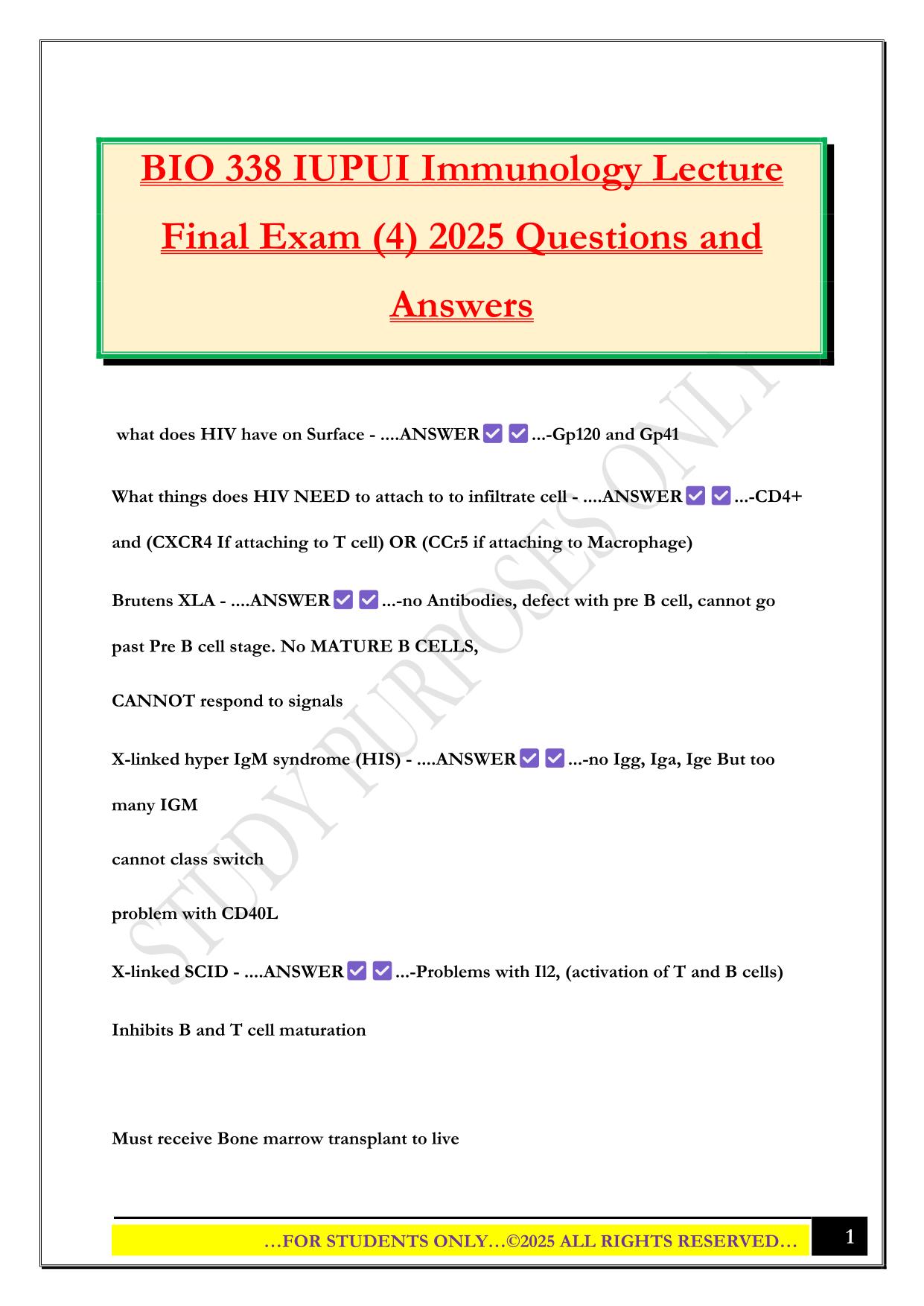 BIO 338 IUPUI Immunology Lecture Final Exam (4) 2025 Questions and Answers