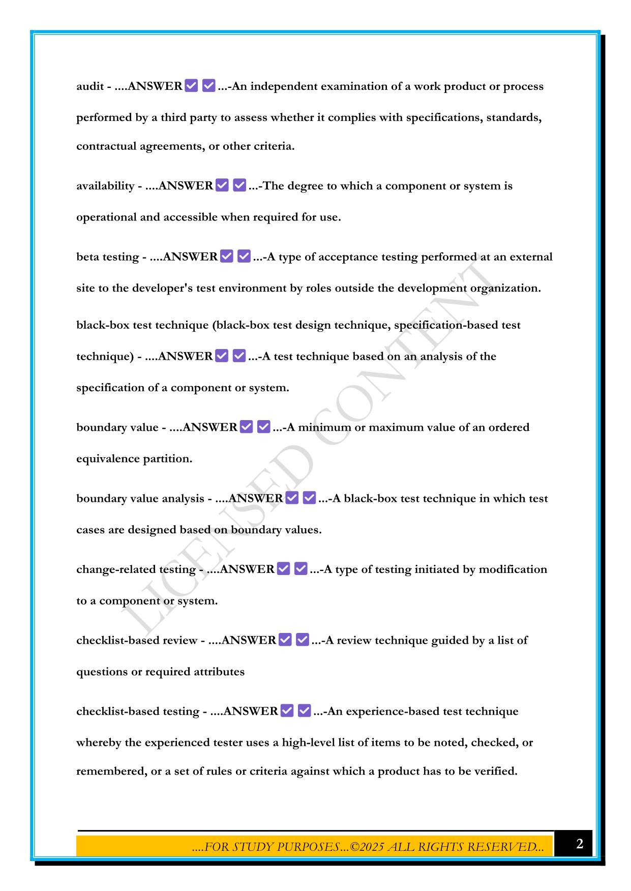 ISTQB FOUNDATION LEVEL GLOSSARY EXAM 2025 QUESTIONS AND ANSWERS