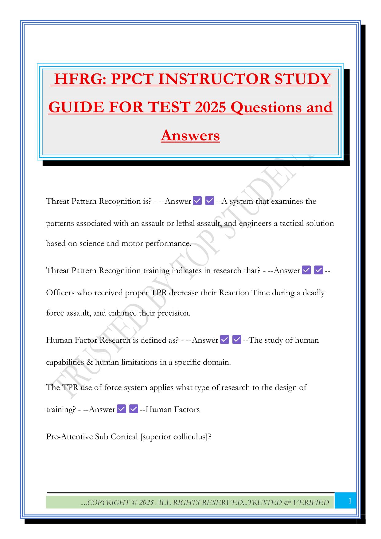 HFRG: PPCT INSTRUCTOR STUDY GUIDE FOR TEST 2025 Questions and Answers
