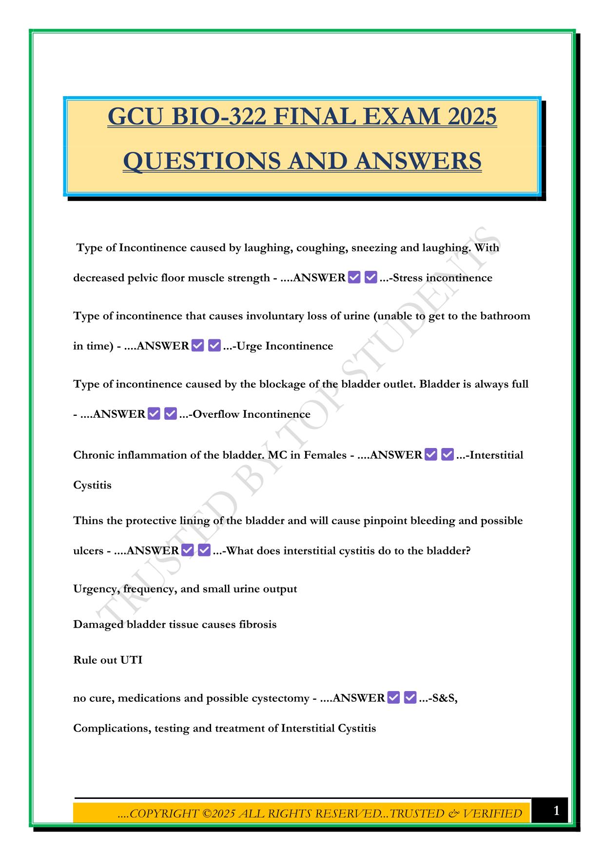 GCU BIO-322 FINAL EXAM 2025 QUESTIONS AND ANSWERS