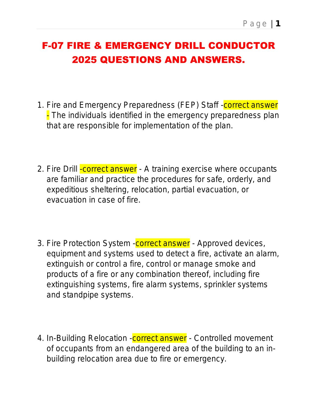 F-07 FIRE & EMERGENCY DRILL CONDUCTOR 2025 QUESTIONS AND ANSWERS.