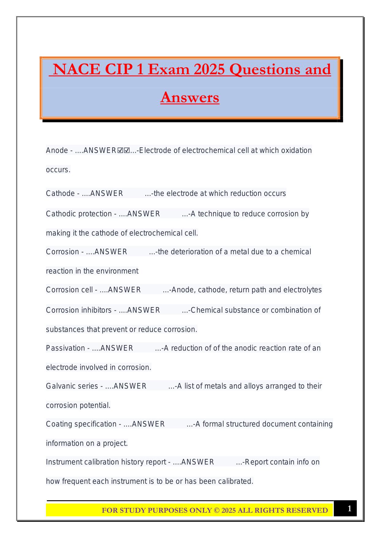 NACE CIP 1 Exam 2025 Questions and Answers