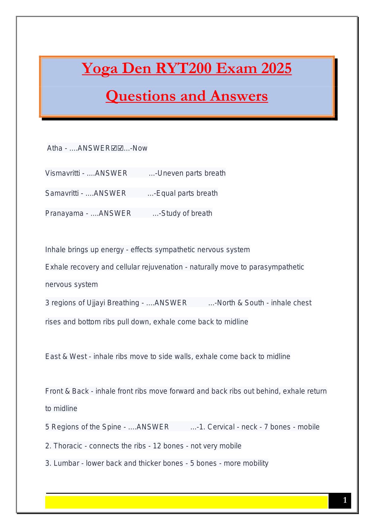 Yoga Den RYT200 Exam 2025 Questions and Answers