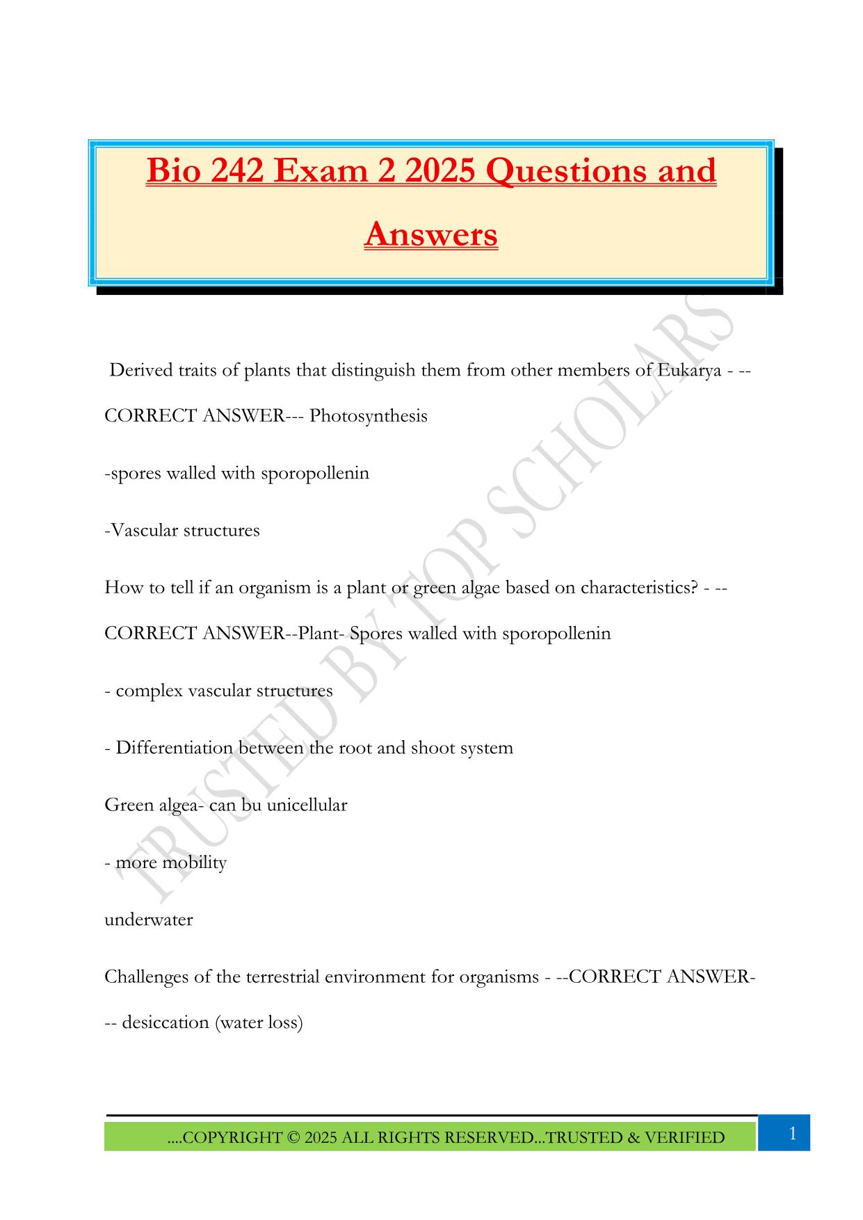 Bio 242 Exam 2 2025 Questions and Answers