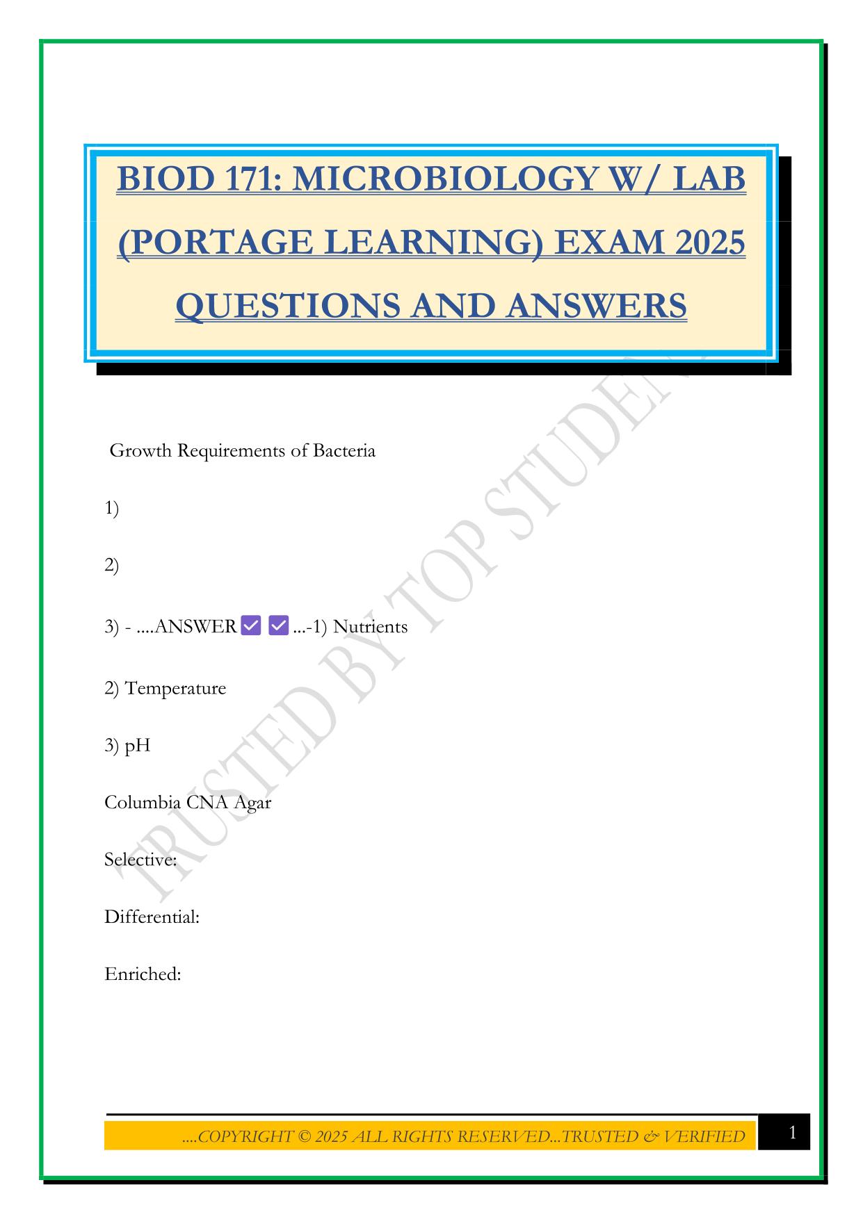 PORTAGE LEARNING BIOD 171 Bundled Exams Questions and Answers 100% Pass|Updated and Verified