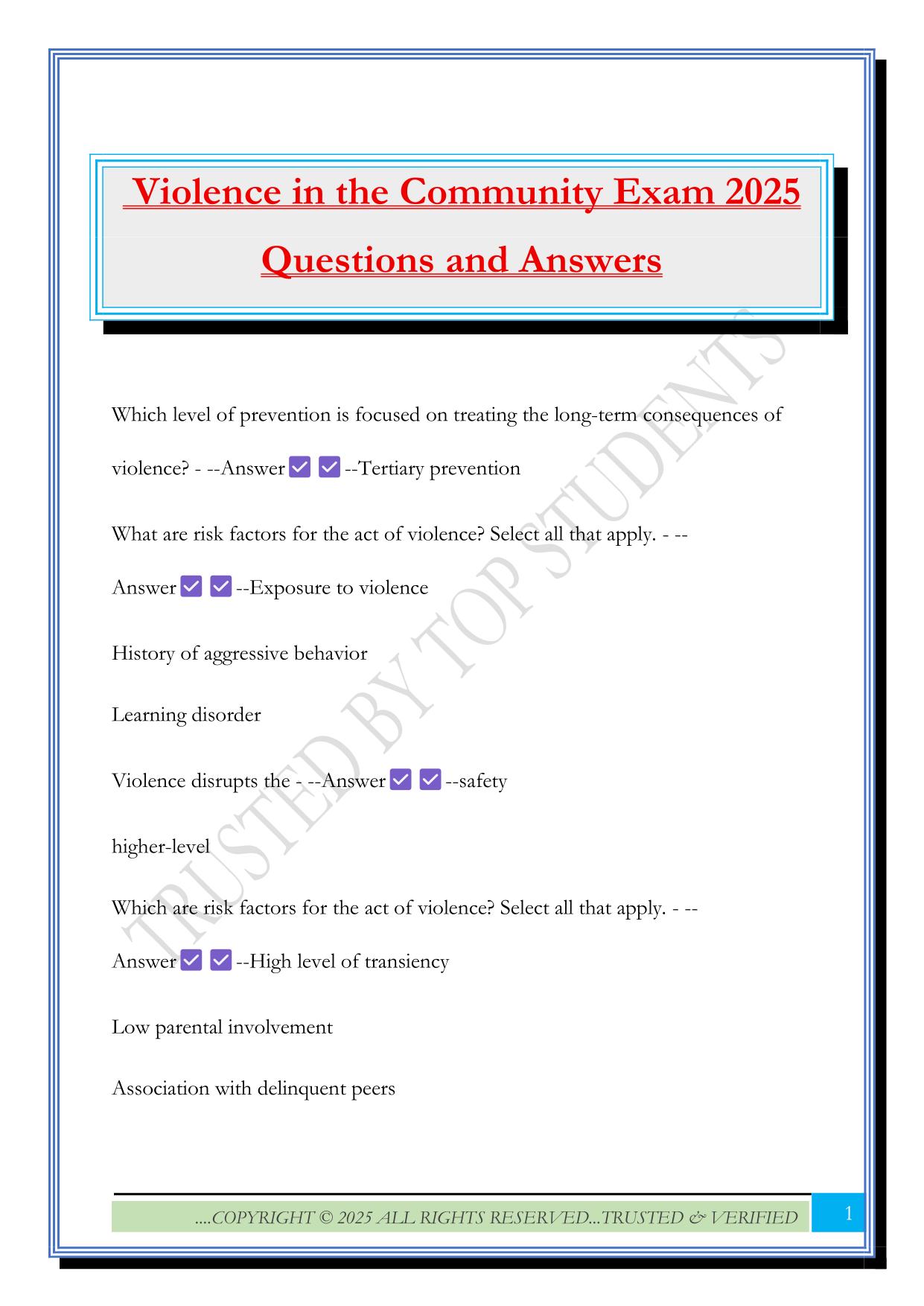 Violence in the Community Exam 2025 Questions and Answers