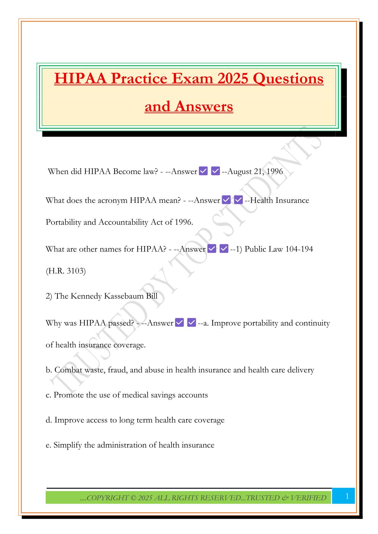 HIPAA Practice Exam 2025 Questions and Answers