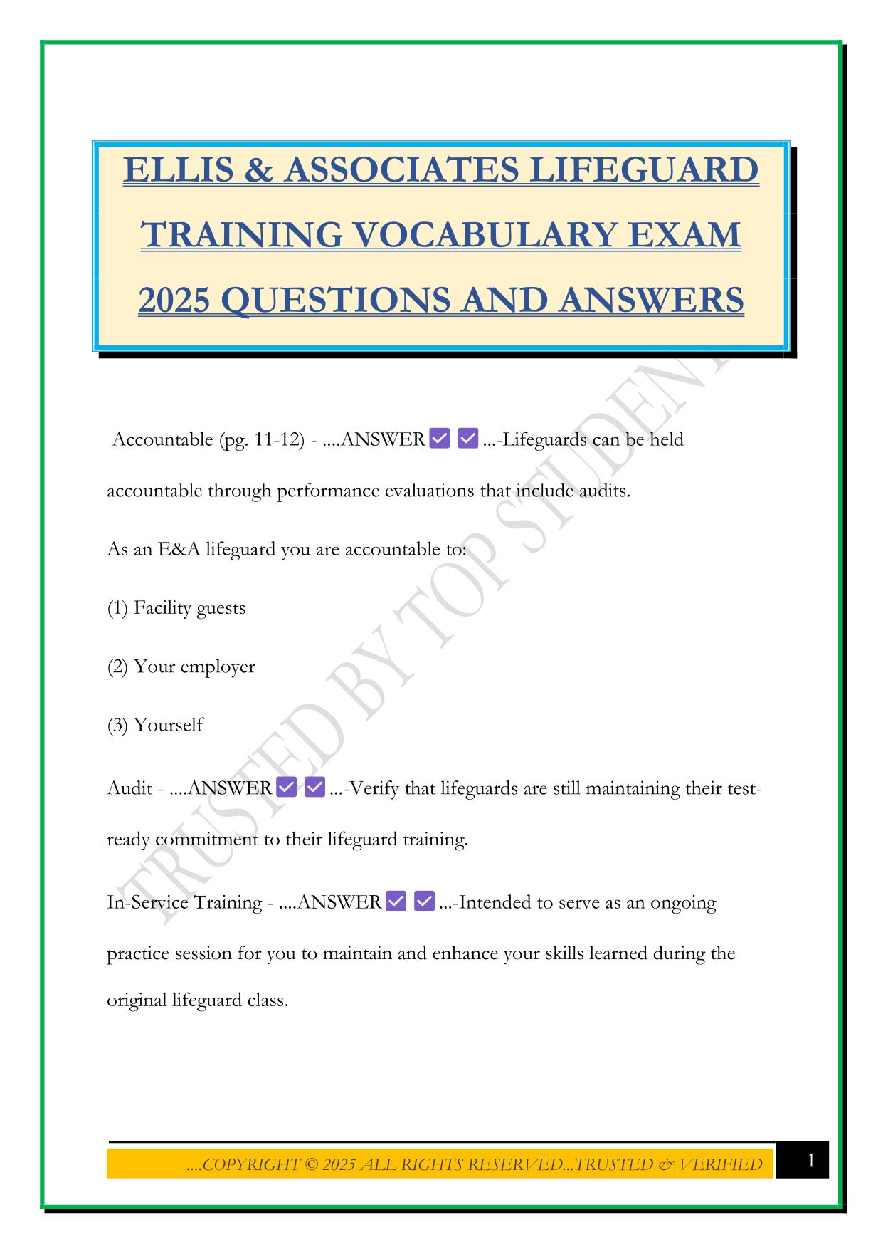 ELLIS & ASSOCIATES LIFEGUARD TRAINING VOCABULARY EXAM 2025 QUESTIONS AND ANSWERS