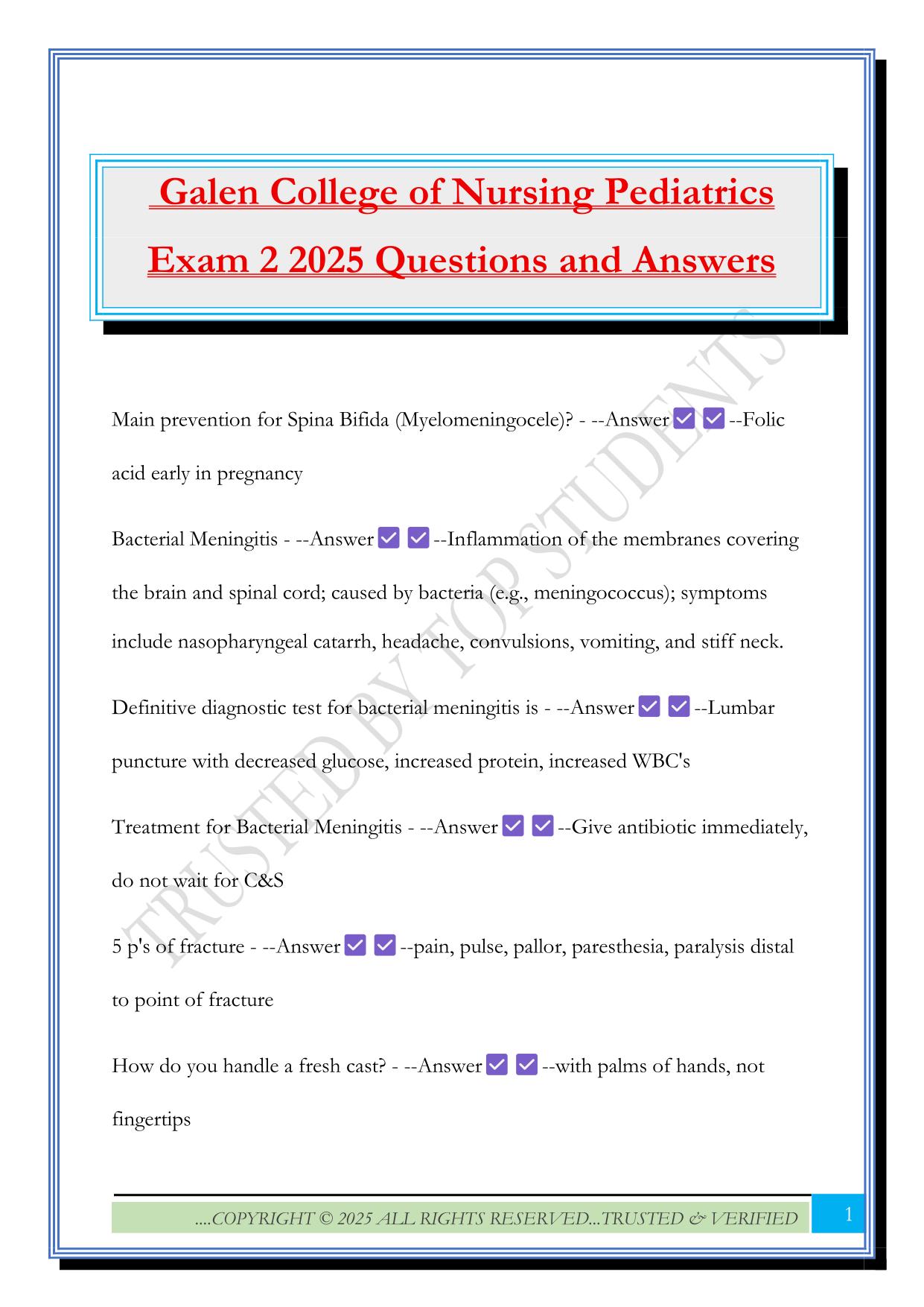 Galen College of Nursing Pediatrics Exam 2 2025 Questions and Answers