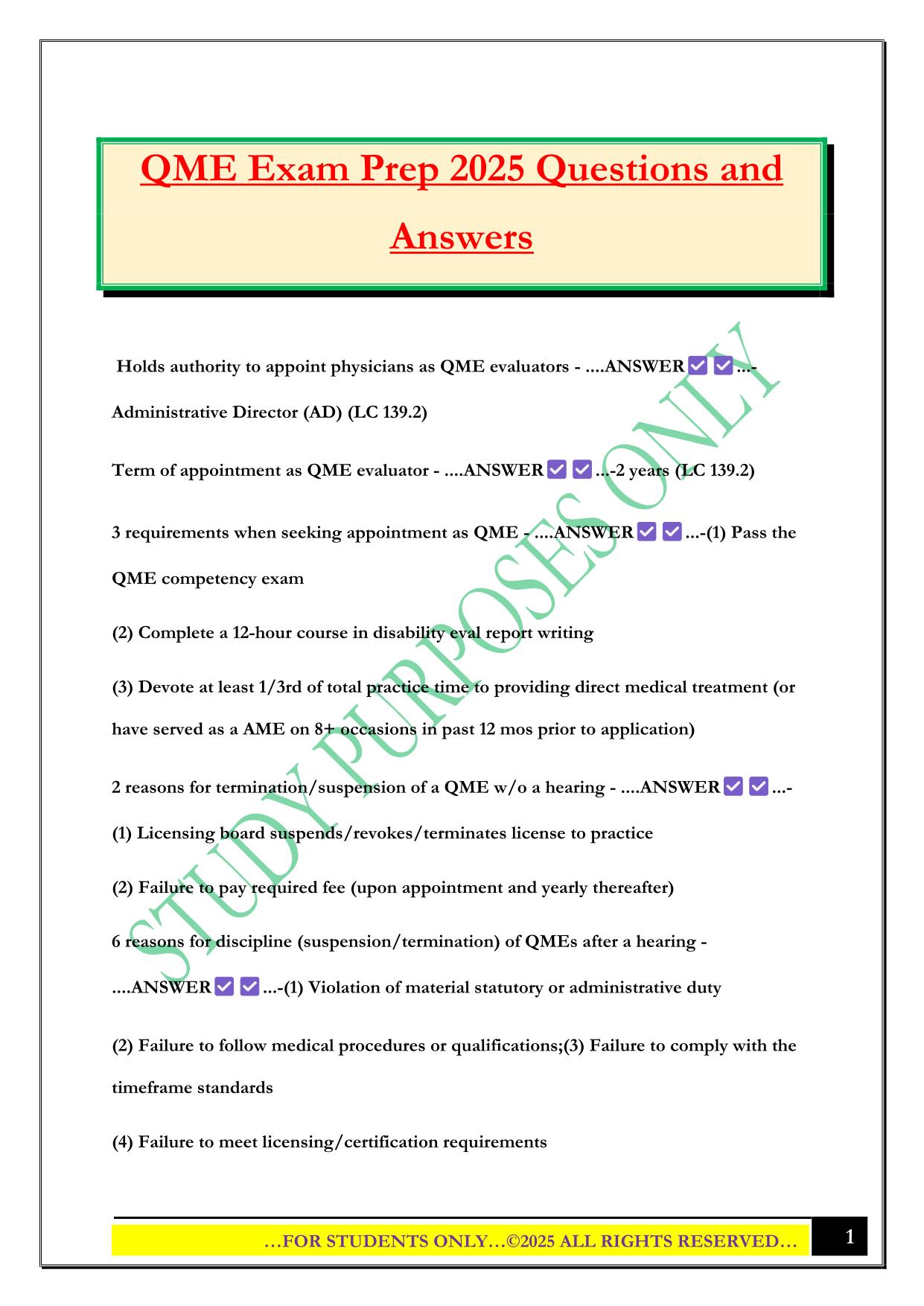 QME Exam Prep 2025 Questions and Answers