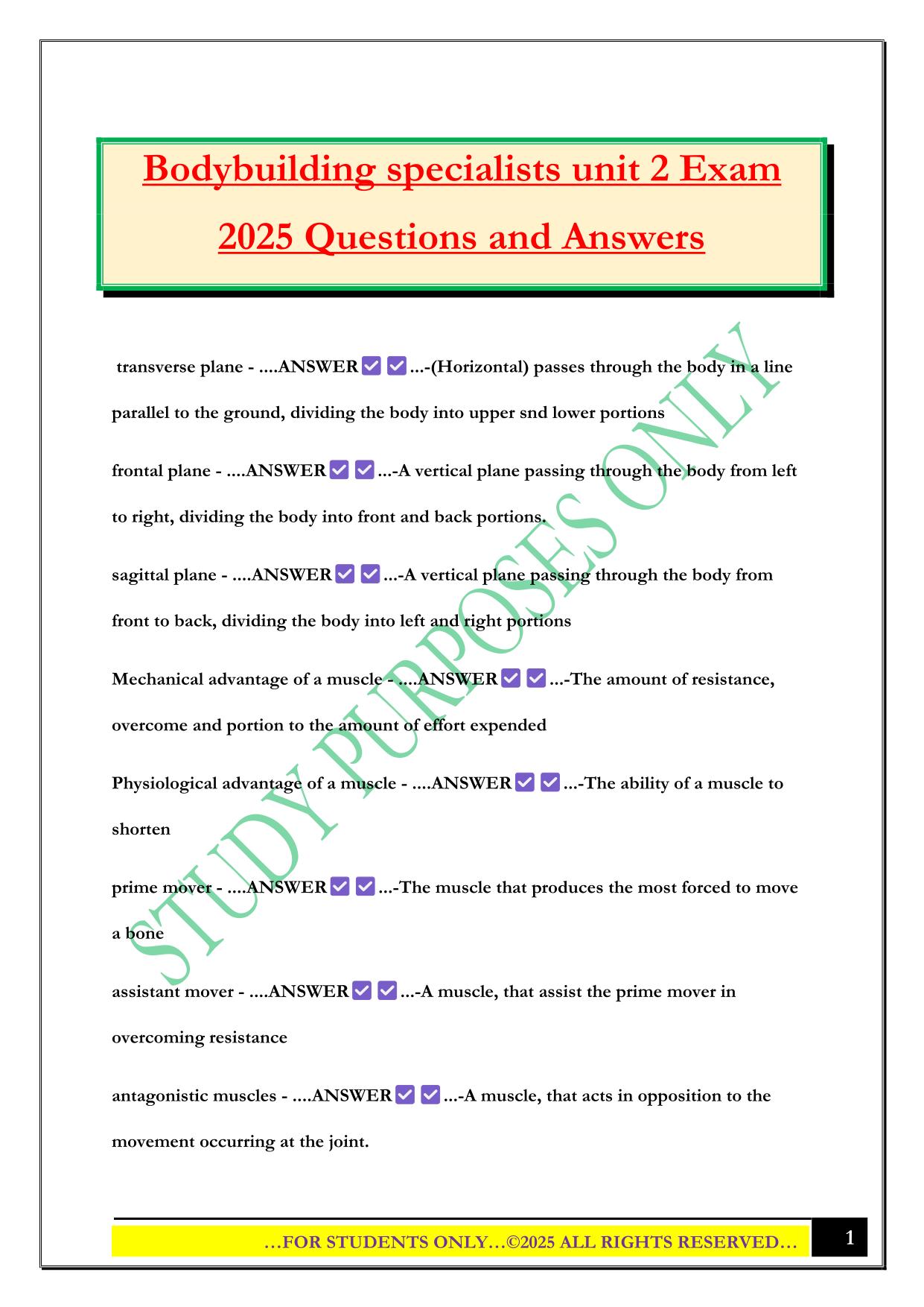 Bodybuilding specialists unit 2 Exam 2025 Questions and Answers