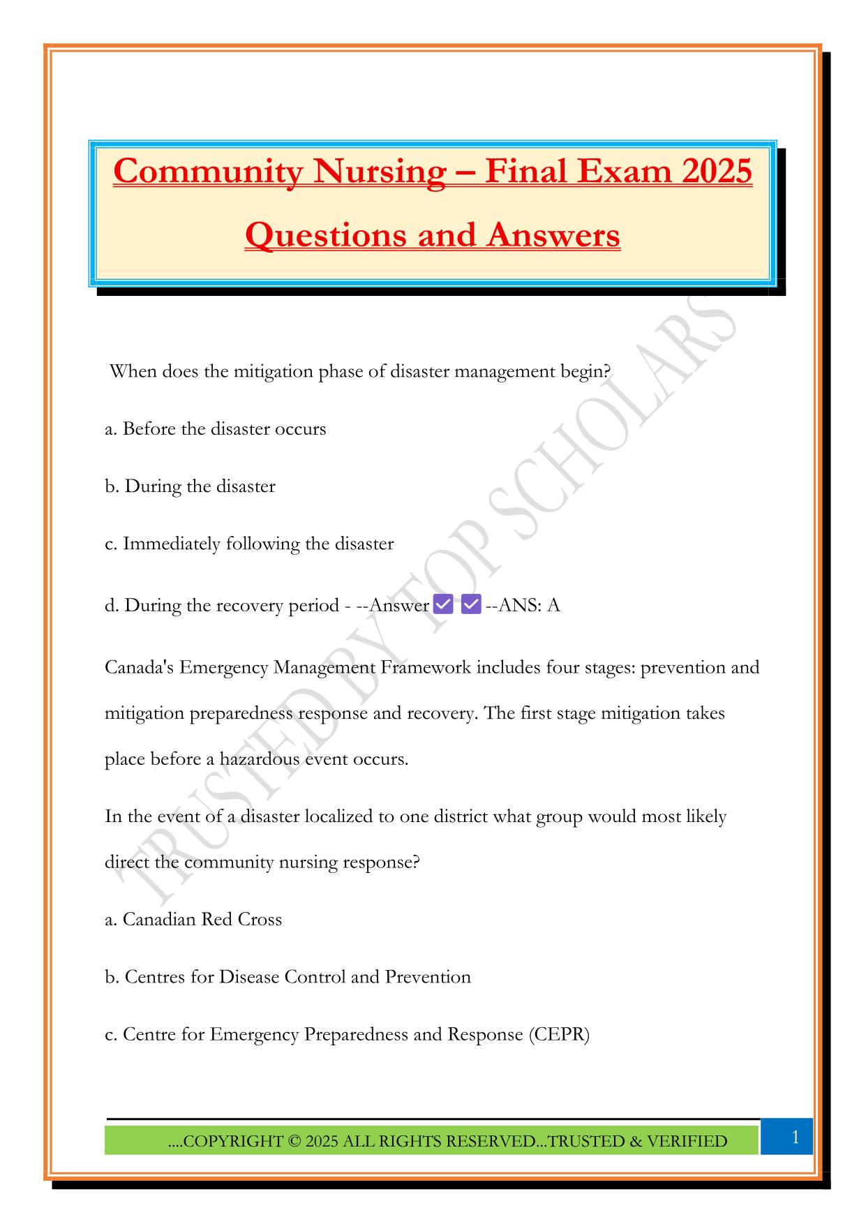 Community Nursing – Final Exam 2025 Questions and Answers