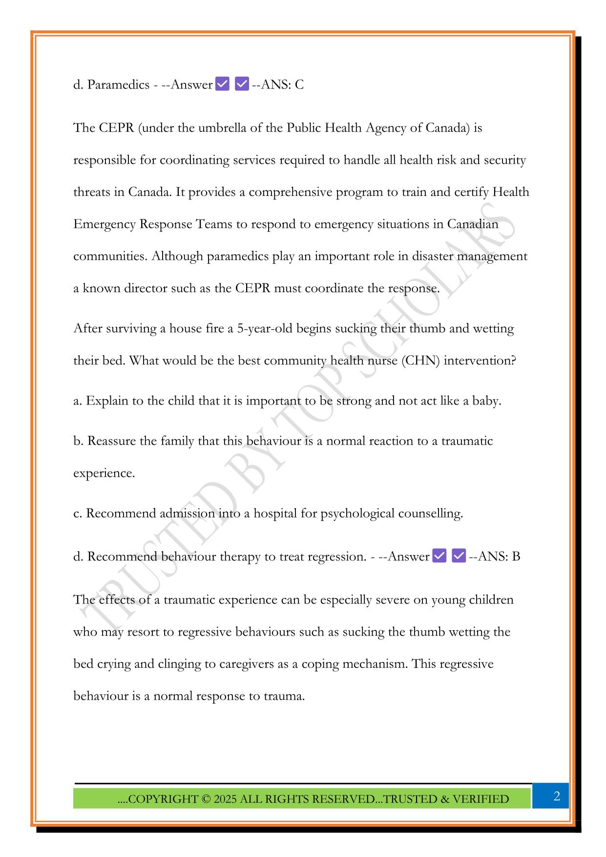 Community Nursing – Final Exam 2025 Questions and Answers