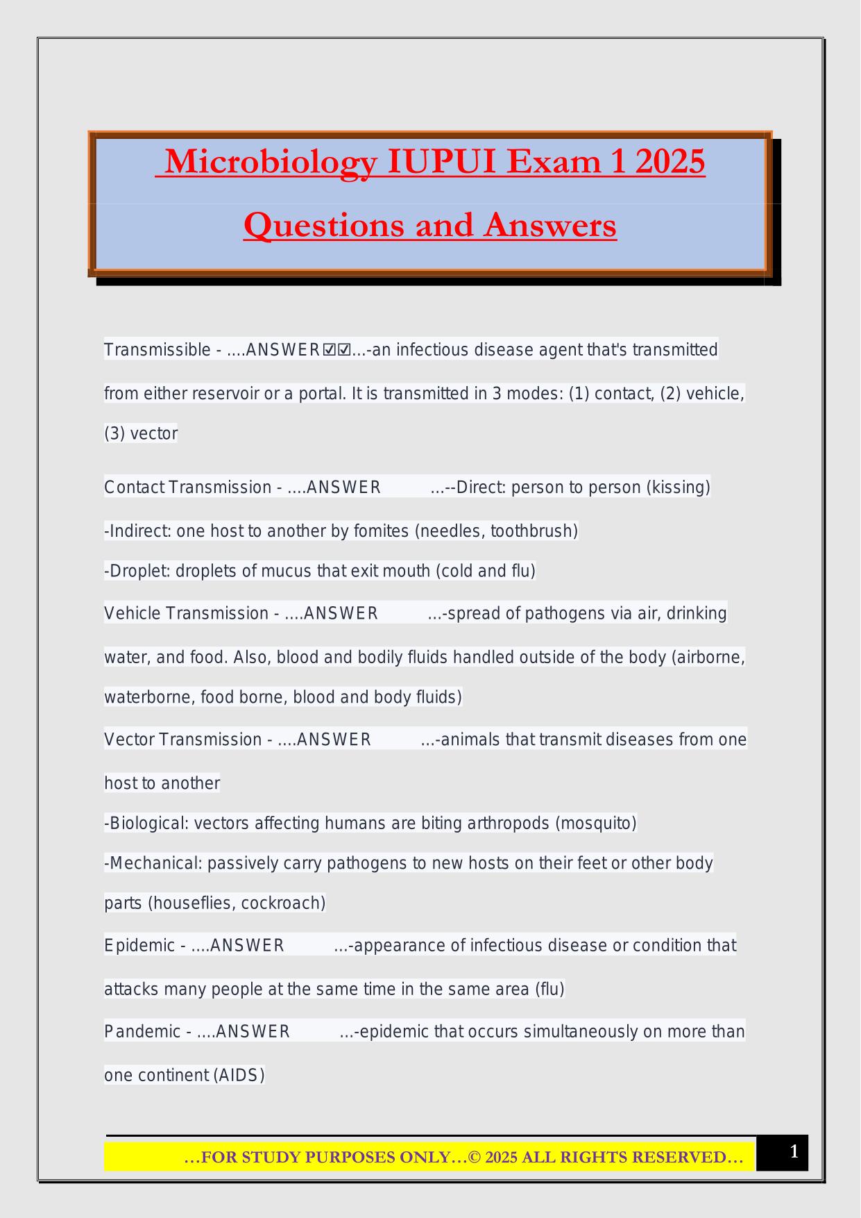 Microbiology IUPUI Exam 1 2025 Questions and Answers