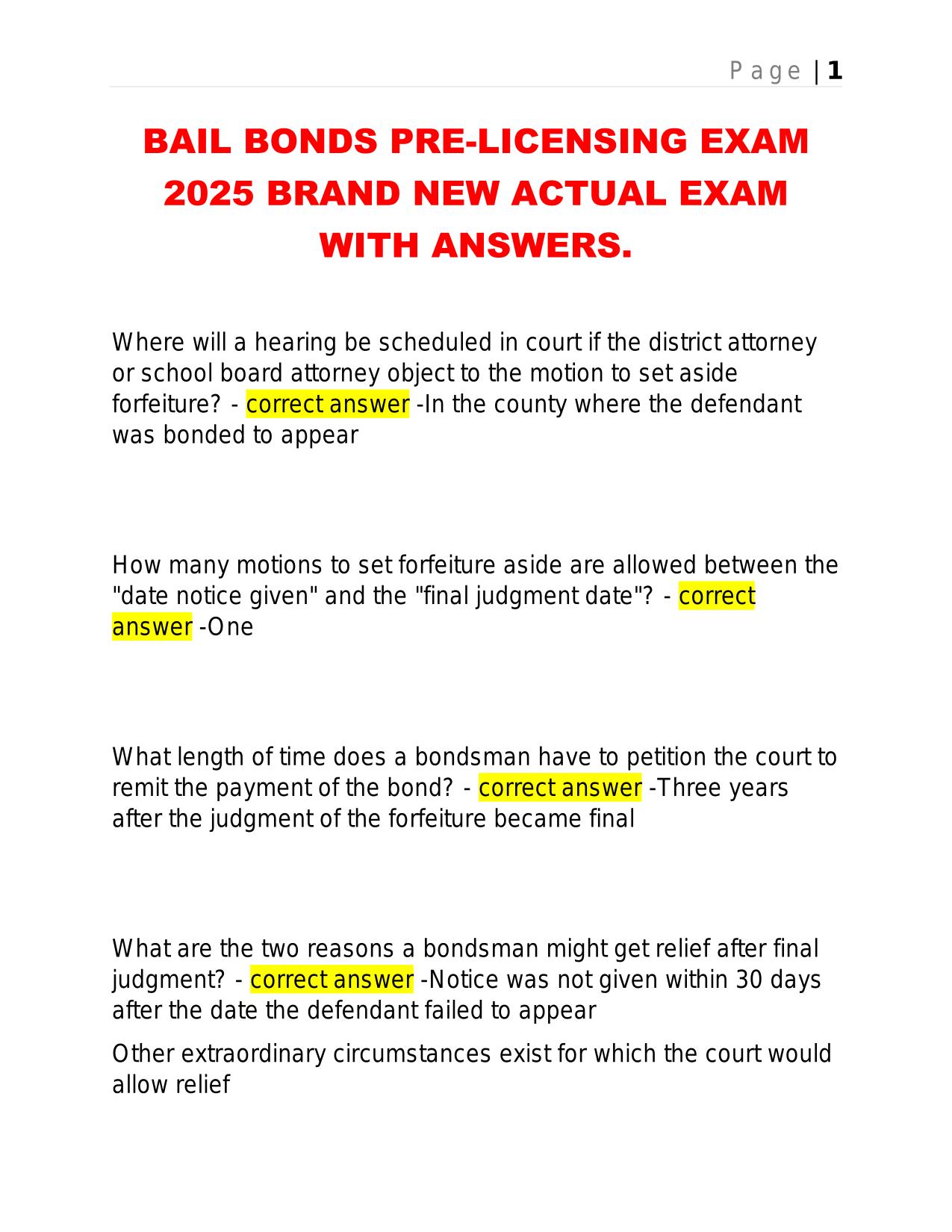 BAIL BONDS PRE-LICENSING EXAM 2025 BRAND NEW ACTUAL EXAM WITH ANSWERS.