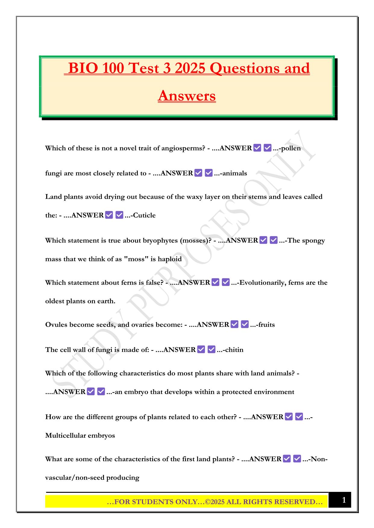 Bio 100 Bundled Exams 2025/2026 |Questions and Answers |100% Pass