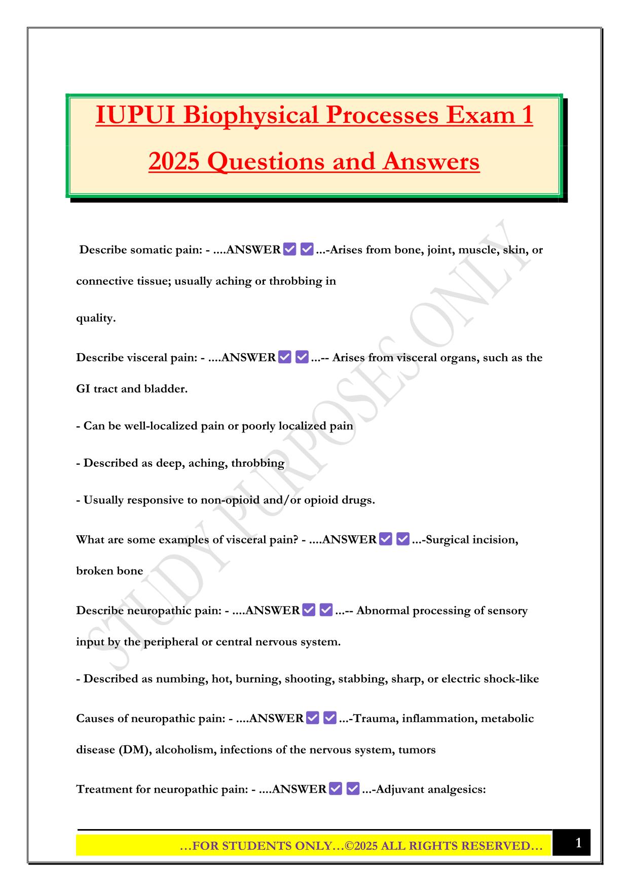 IUPUI Biophysical Processes Exam 1 2025 Questions and Answers