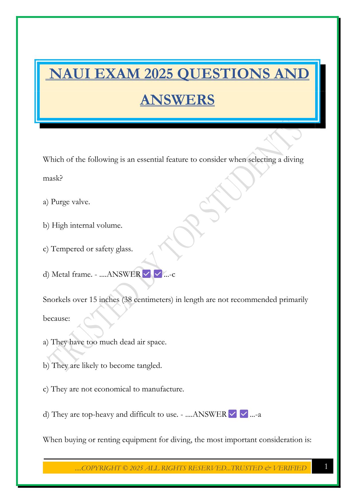 NAUI EXAM 2025 QUESTIONS AND ANSWERS