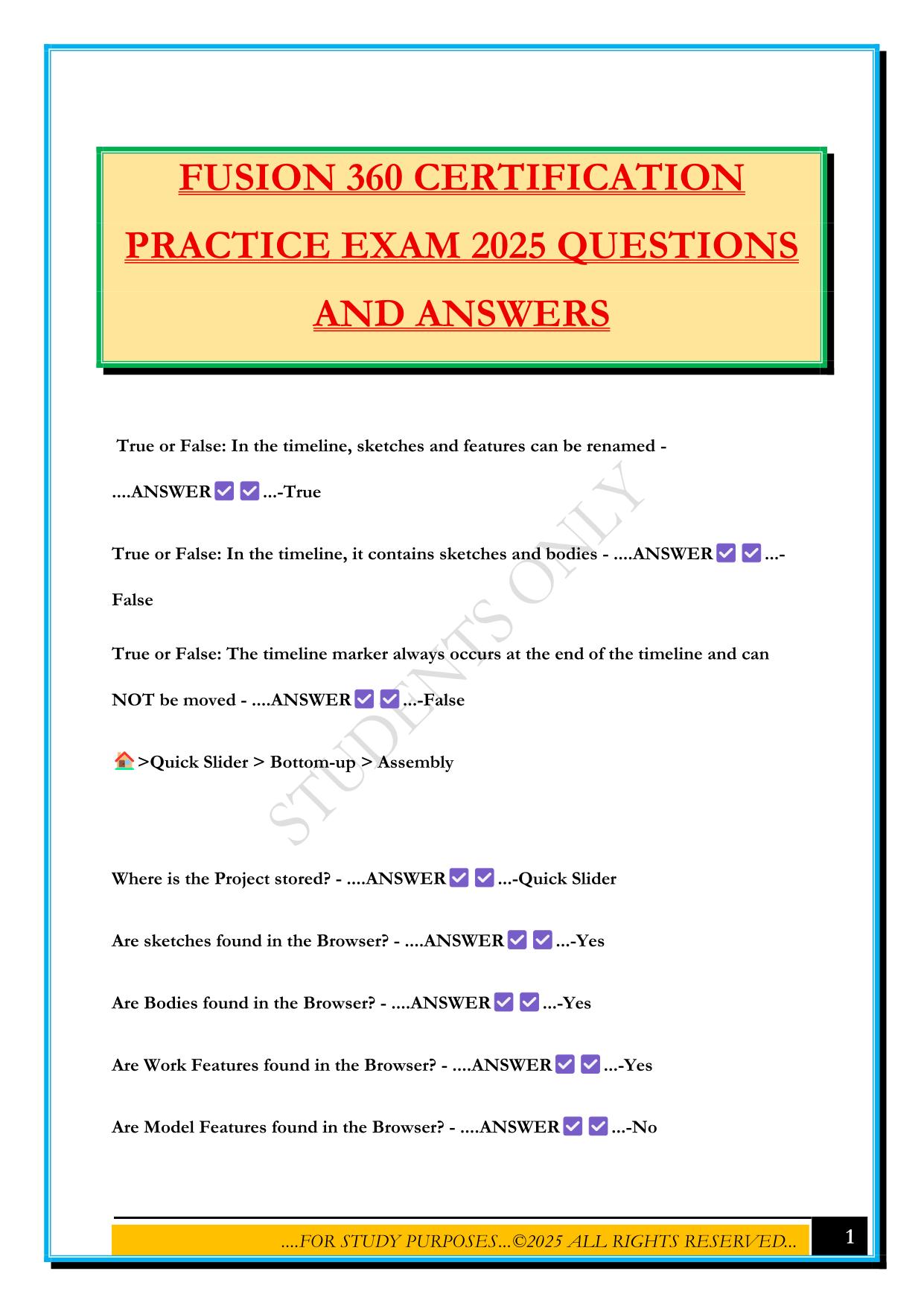 FUSION 360 CERTIFICATION PRACTICE EXAM 2025 QUESTIONS AND ANSWERS