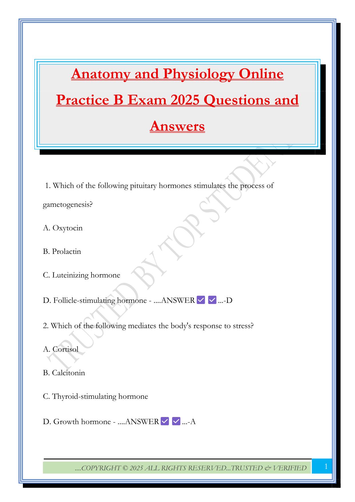 Anatomy and Physiology Online Practice B Exam 2025 Questions and Answers