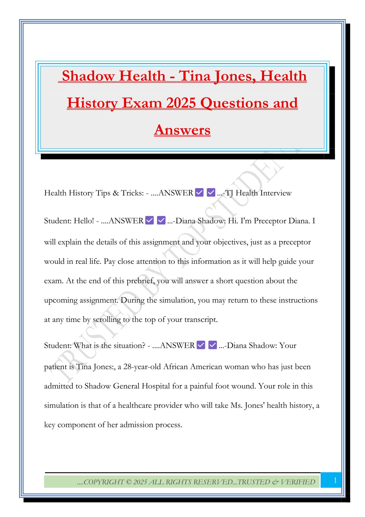 Shadow Health - Tina Jones, Health History Exam 2025 Questions and Answers