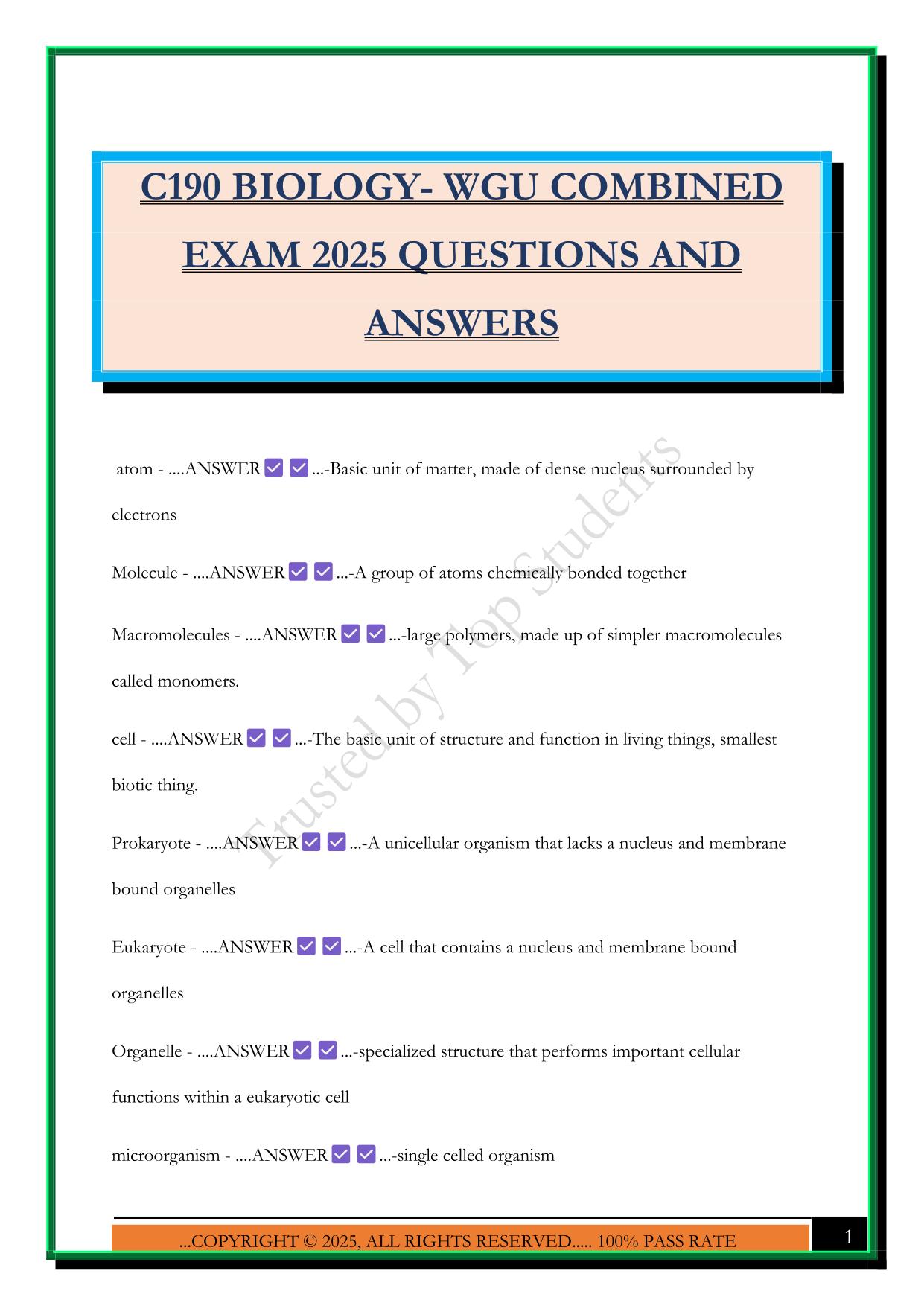 C190 BIOLOGY- WGU COMBINED EXAM 2025 QUESTIONS AND ANSWERS