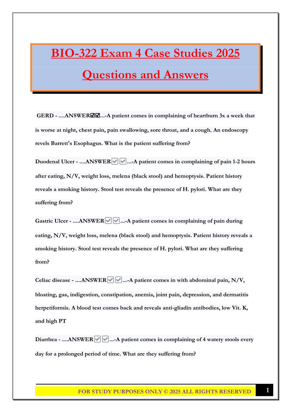 BIO-322 Exam 4 Case Studies 2025 Questions and Answers