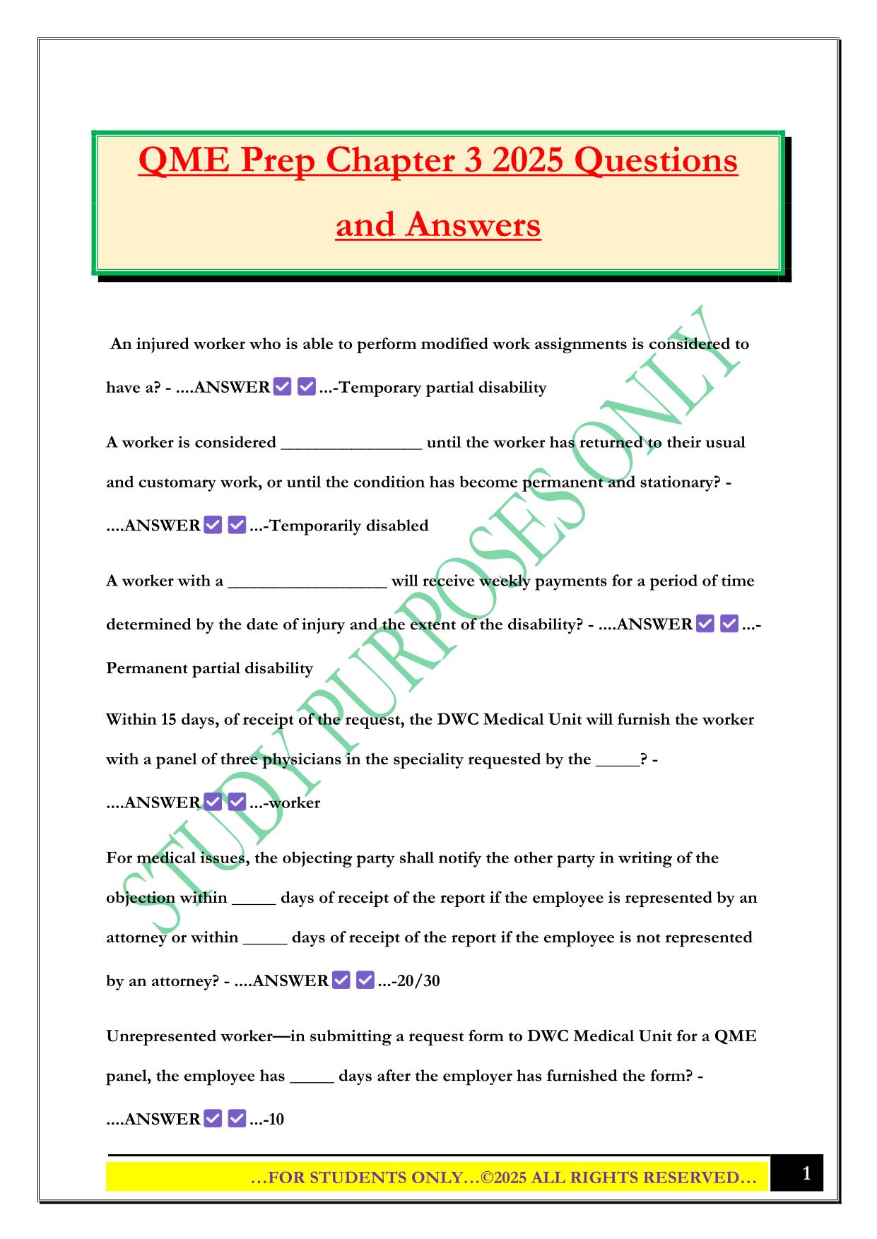 QME Prep Chapter 3 2025 Questions and Answers