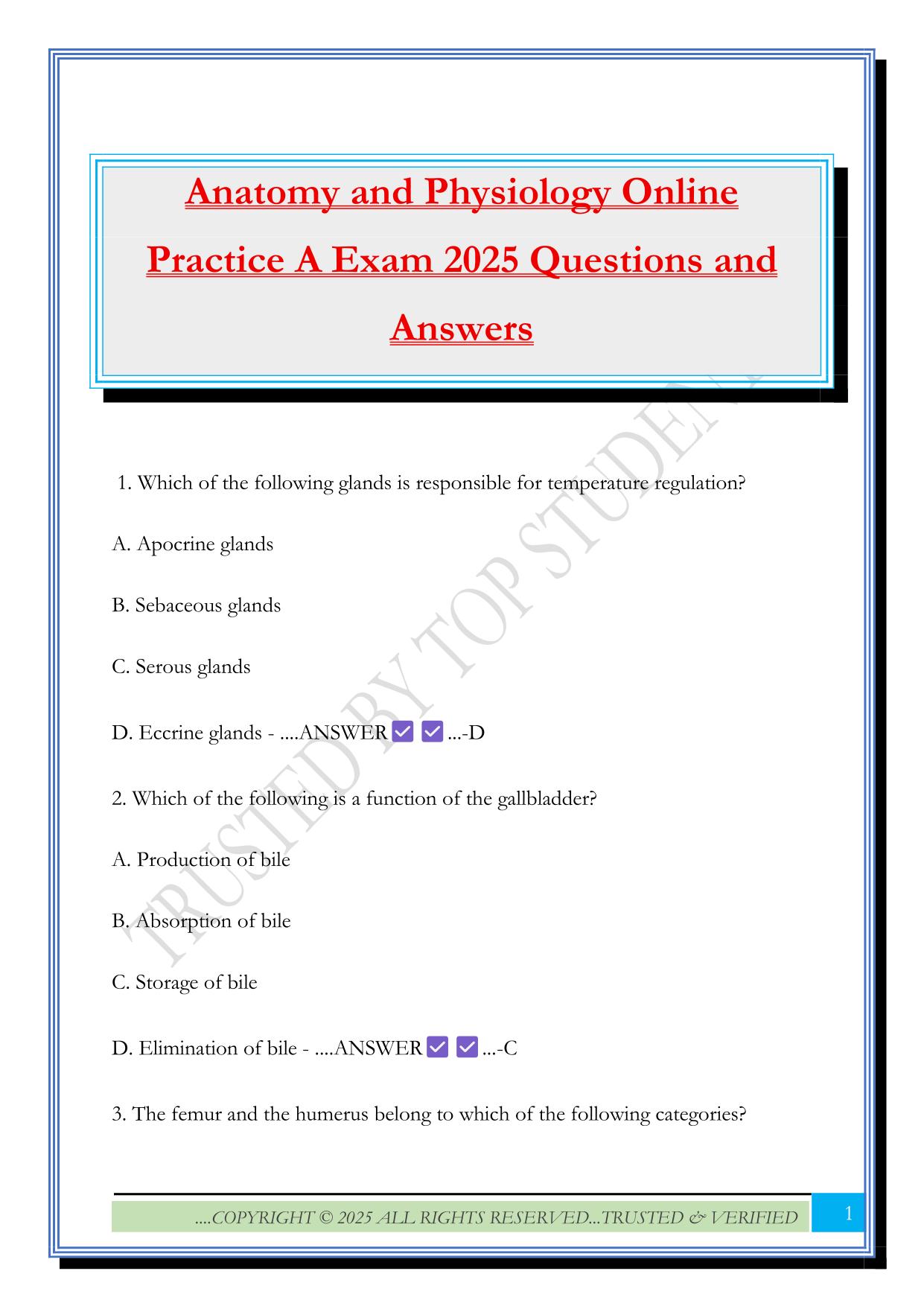 Anatomy and Physiology Online Practice A Exam 2025 Questions and Answers