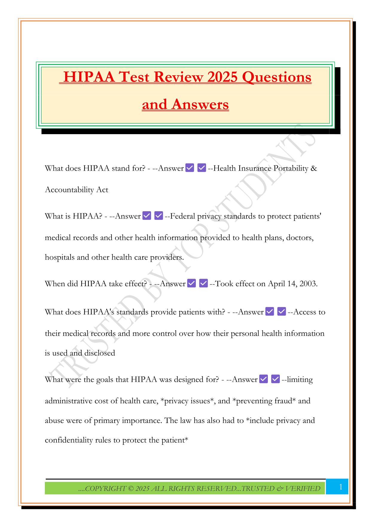 HIPAA Test Review 2025 Questions and Answers