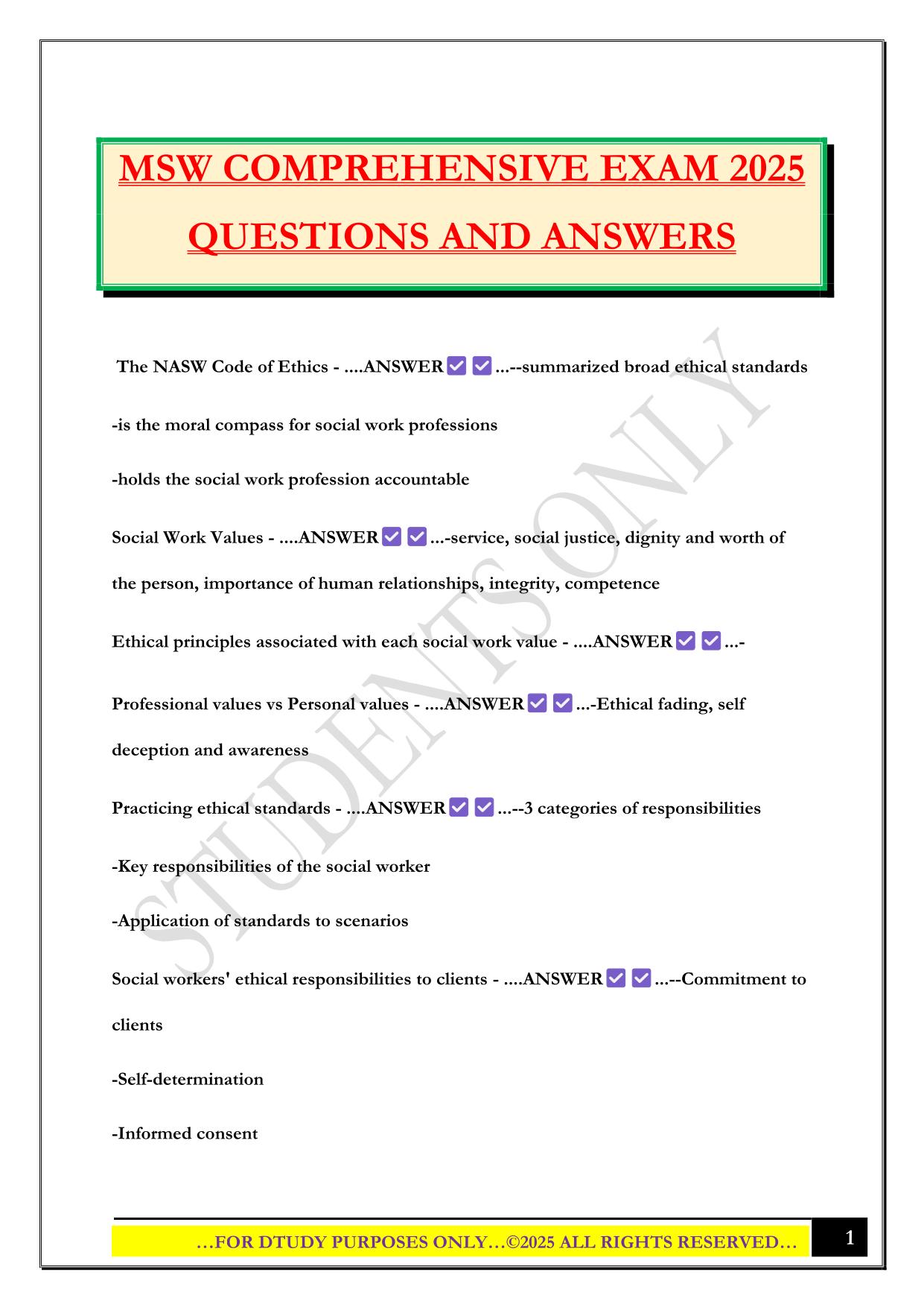 MSW COMPREHENSIVE EXAM 2025 QUESTIONS AND ANSWERS