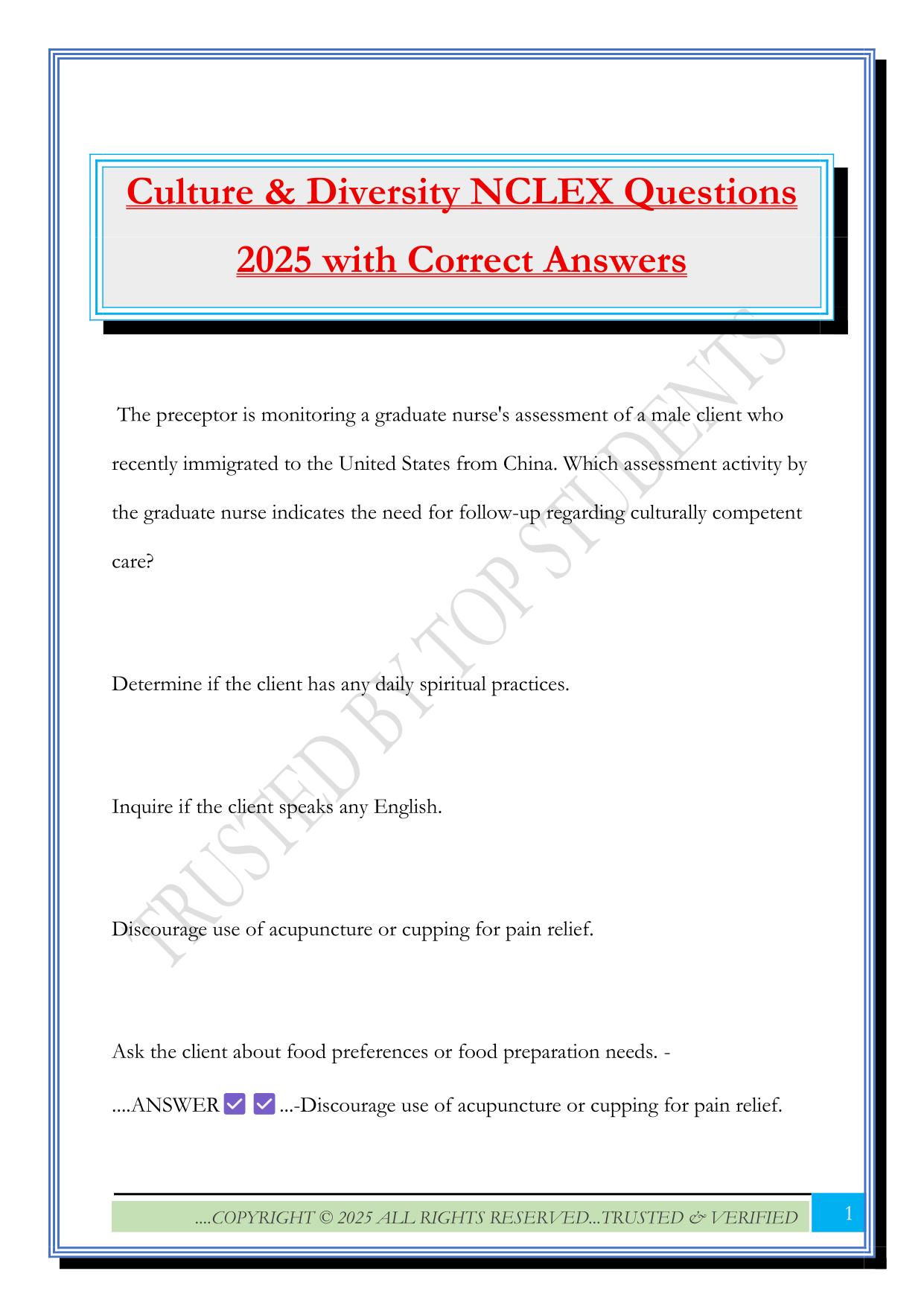 Culture & Diversity NCLEX Questions 2025 with Correct Answers